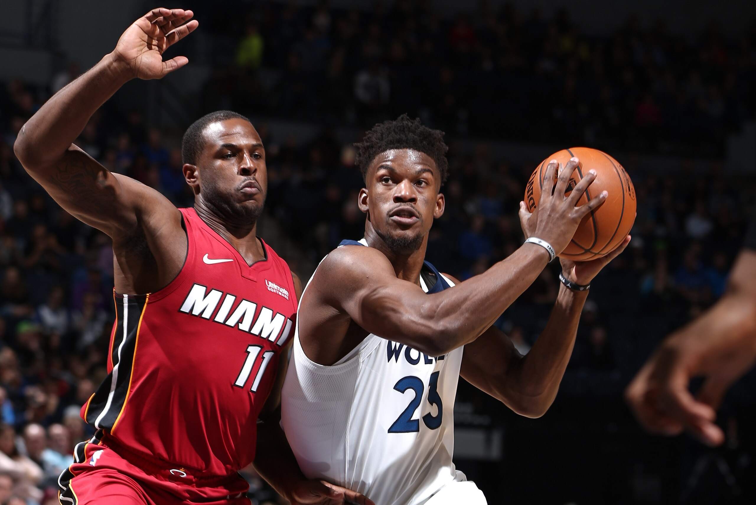 MINNEAPOLIS, MN -  NOVEMBER 24: Jimmy Butler #23 of the Minnesota Timberwolves handles the ball against the Miami Heat on November 24, 2017 at Target Center in Minneapolis, Minnesota. NOTE TO USER: User expressly acknowledges and agrees that, by downloadi