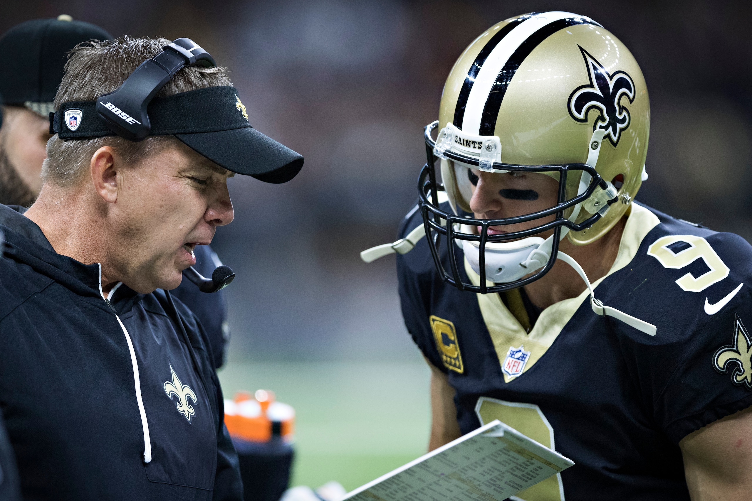 NEW ORLEANS, LA - NOVEMBER 19: Head Coach Sean Payton talks with Drew Brees #9 of the New Orleans Saints during a timeout against the Washington Redskins at Mercedes-Benz Superdome on November 19, 2017 in New Orleans, Louisiana. Saints defeated the Reds NEW ORLEANS, LA - NOVEMBER 19: Head Coach Sean Payton talks with Drew Brees #9 of the New Orleans Saints during a timeout against the Washington Redskins at Mercedes-Benz Superdome on November 19, 2017 in New Orleans, Louisiana. Saints defeated the Reds