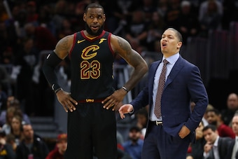 CLEVELAND, OH - APRIL 29: LeBron James #23 of the Cleveland Cavaliers and head coach Tyronn Lue talk while playing the Indiana Pacers in Game Seven of the Eastern Conference Quarterfinals during the 2018 NBA Playoffs at Quicken Loans Arena on April 29, 20
