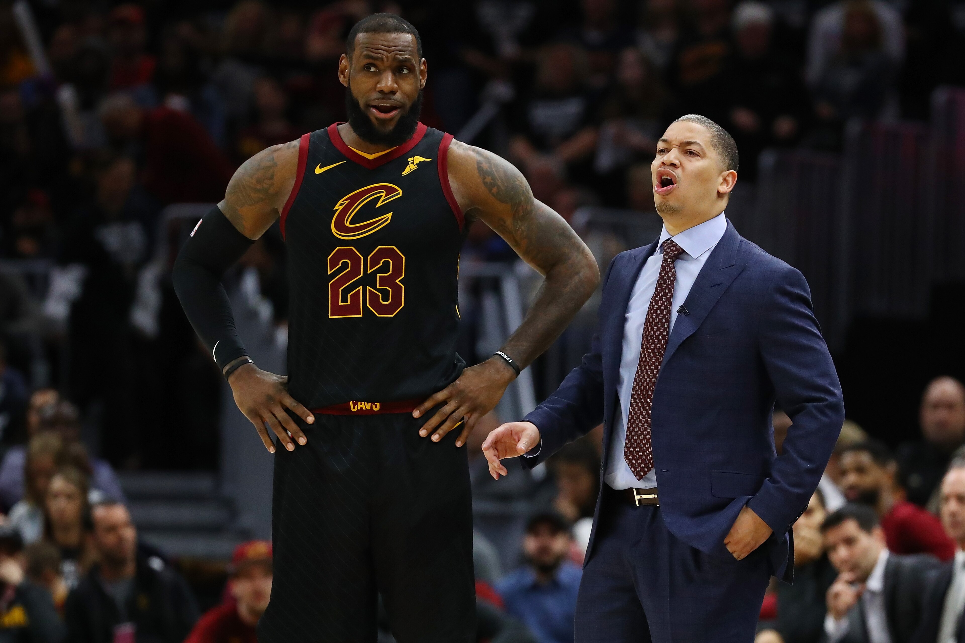 CLEVELAND, OH - APRIL 29: LeBron James #23 of the Cleveland Cavaliers and head coach Tyronn Lue talk while playing the Indiana Pacers in Game Seven of the Eastern Conference Quarterfinals during the 2018 NBA Playoffs at Quicken Loans Arena on April 29, 20