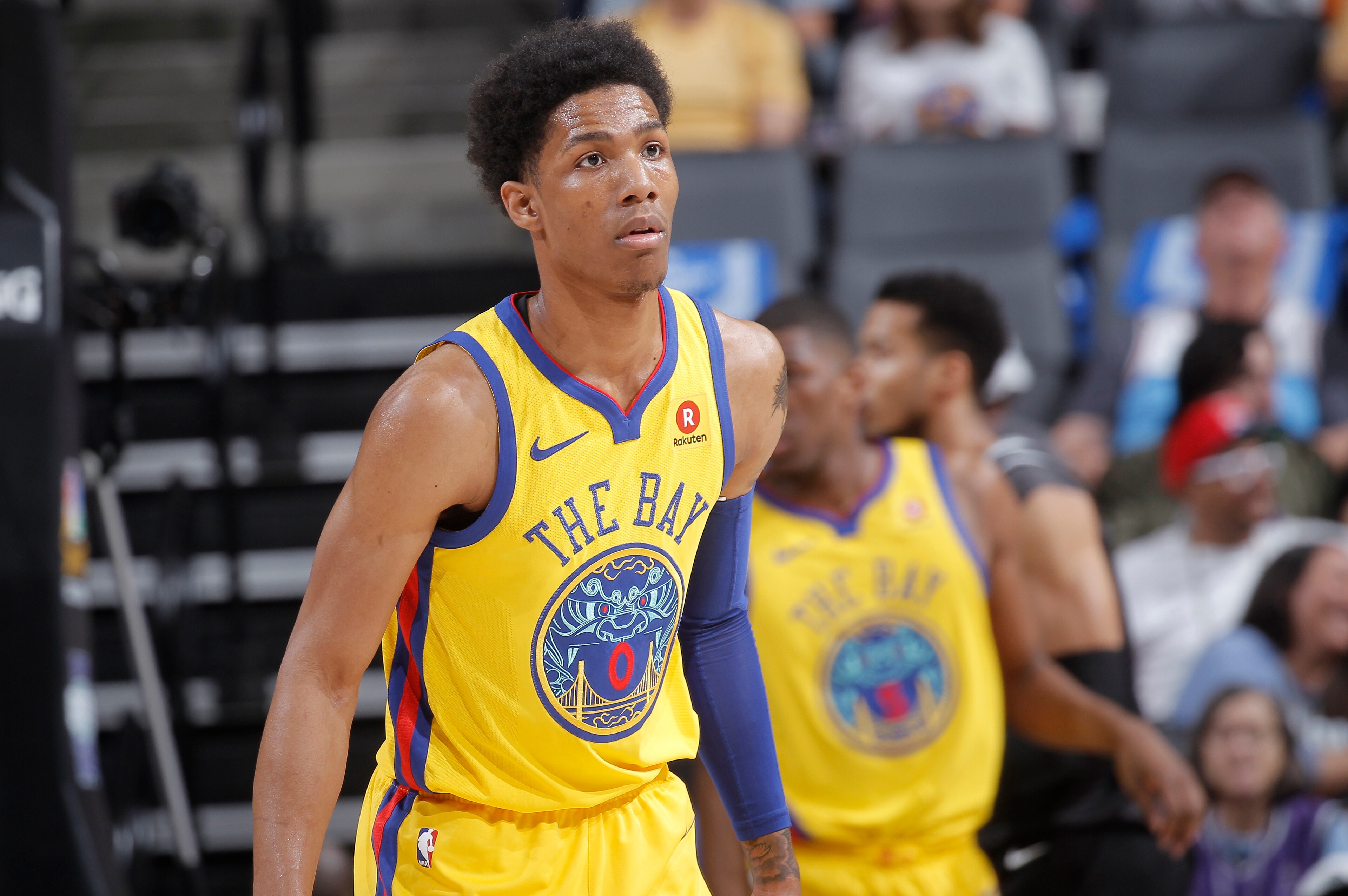 SACRAMENTO, CA - MARCH 31: Patrick McCaw #0 of the Golden State Warriors looks on during the game against the Sacramento Kings on March 31, 2018 at Golden 1 Center in Sacramento, California. NOTE TO USER: User expressly acknowledges and agrees that, by do