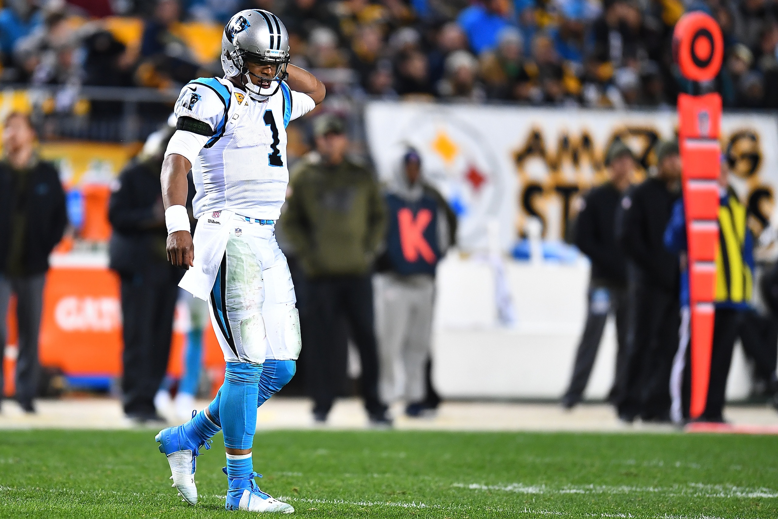 PITTSBURGH, PA - NOVEMBER 08: Cam Newton #1 of the Carolina Panthers walks off the field after being sacked during the second half in the game against the Pittsburgh Steelers at Heinz Field on November 8, 2018 in Pittsburgh, Pennsylvania. (Photo by Joe Sa PITTSBURGH, PA - NOVEMBER 08: Cam Newton #1 of the Carolina Panthers walks off the field after being sacked during the second half in the game against the Pittsburgh Steelers at Heinz Field on November 8, 2018 in Pittsburgh, Pennsylvania. (Photo by Joe Sa