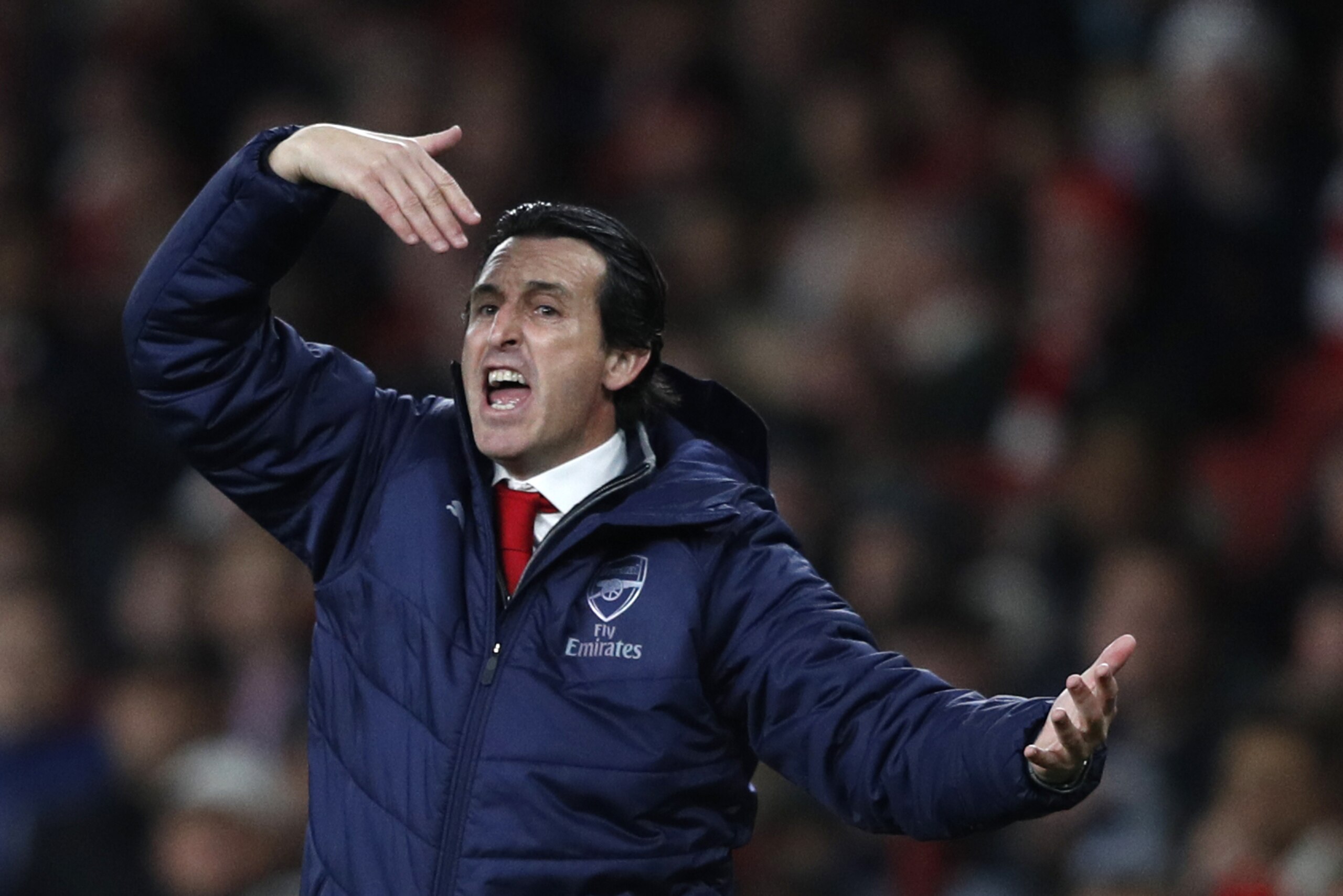 Arsenal's Spanish head coach Unai Emery gestures during their UEFA Europa league group stage football match between Arsenal and Sporting Lisbon at the Emirates stadium in London on November 8, 2018. (Photo by Adrian DENNIS / AFP) (Photo credit shou Arsenal's Spanish head coach Unai Emery gestures during their UEFA Europa league group stage football match between Arsenal and Sporting Lisbon at the Emirates stadium in London on November 8, 2018. (Photo by Adrian DENNIS / AFP) (Photo credit shou