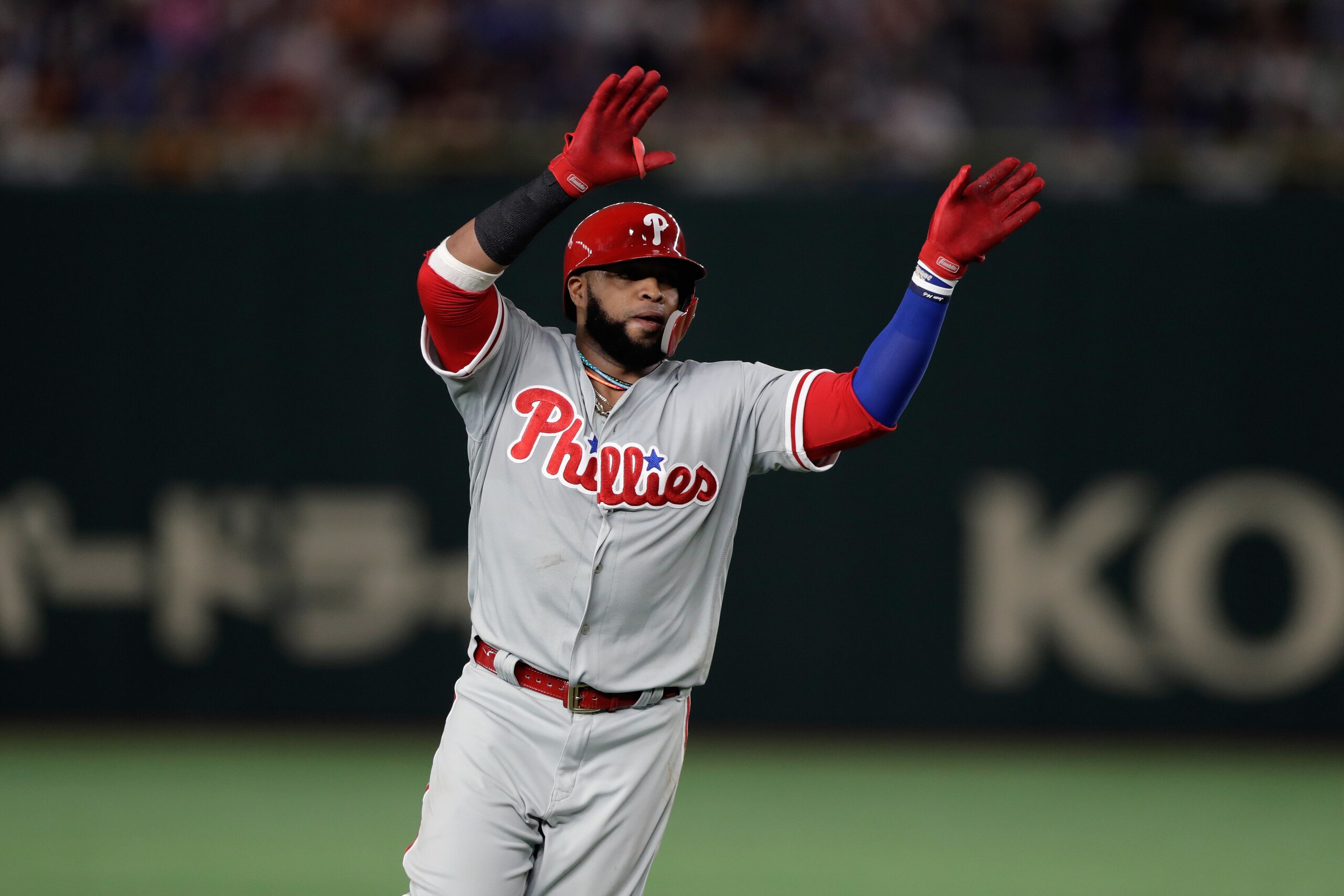 TOKYO, JAPAN - NOVEMBER 09:  Infielder Carlos Santana #41 of the Philadelhia Phillies celebrates hitting a three-run home run to make it 4-1 in the top of 5th inning during the game one of the Japan and MLB All Stars at Tokyo Dome on November 9, 2018 in T