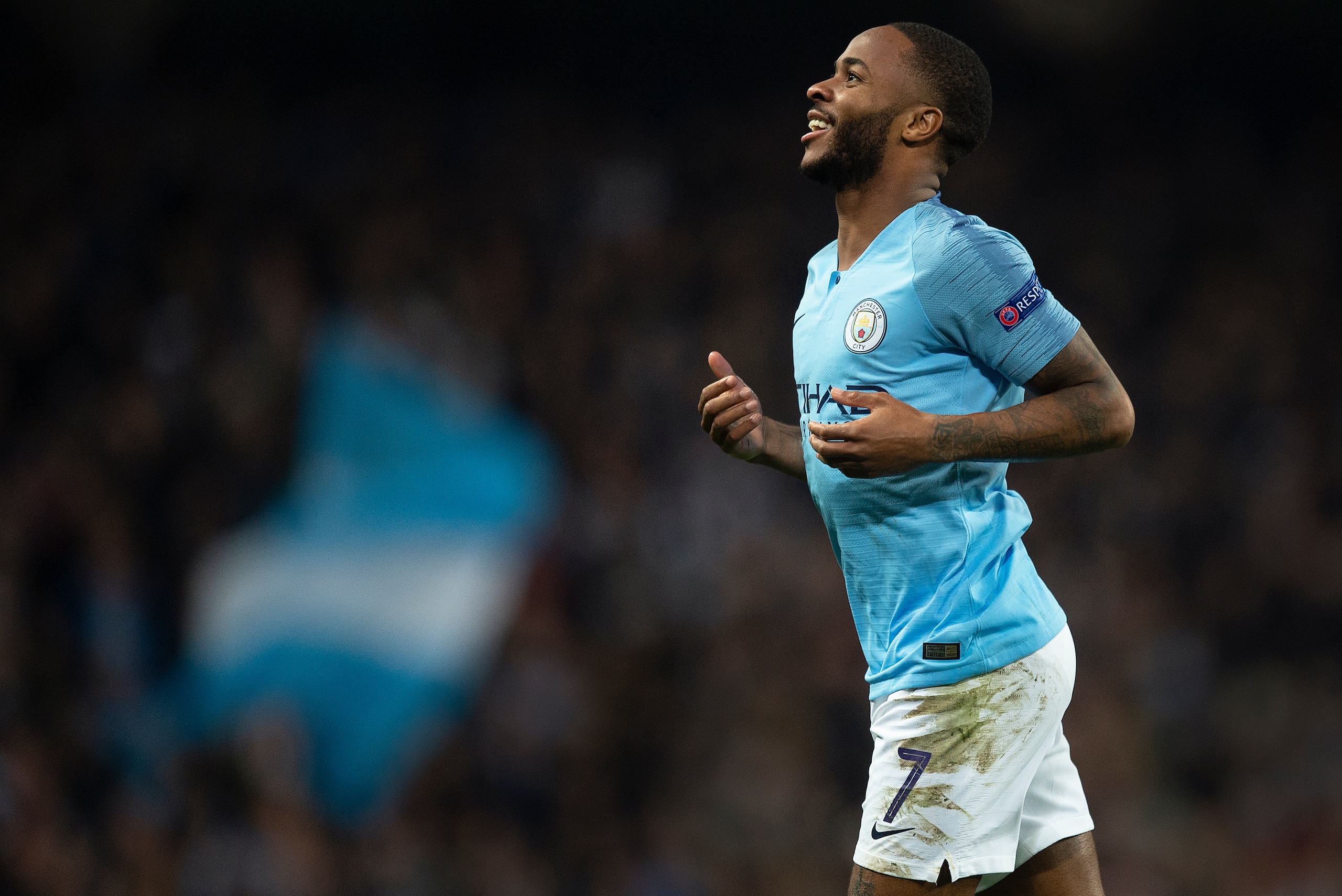 MANCHESTER, ENGLAND - NOVEMBER 07: Raheem Sterling of Manchester City celebrates scoring during the Group F match of the UEFA Champions League between Manchester City and FC Shakhtar Donetsk at Etihad Stadium on November 7, 2018 in Manchester, United King