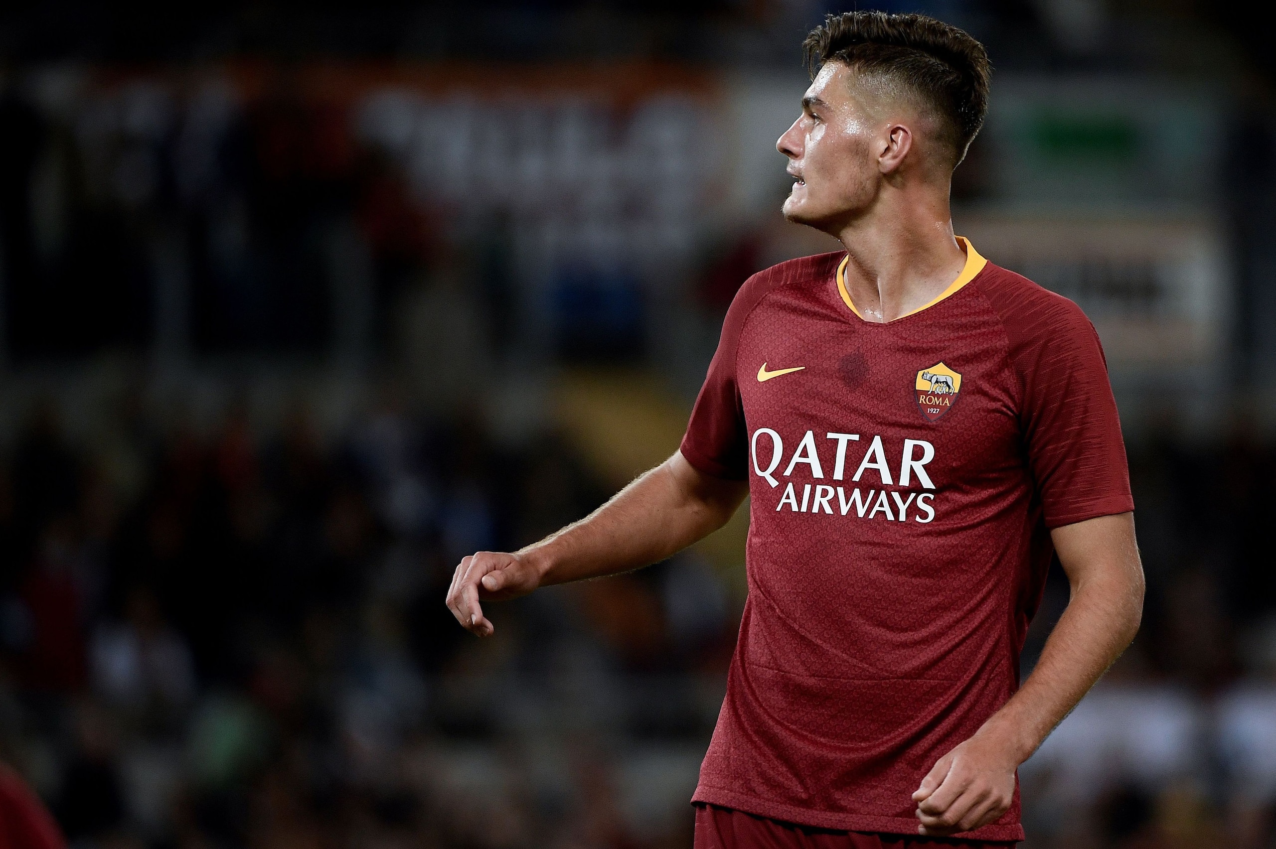AS Roma's Czech forward Patrik Schick looks on during the Serie A football match between AS Roma and Frosinone on September 26, 2018, at the Olympic Stadium in Rome. (Photo by Filippo MONTEFORTE / AFP)        (Photo credit should read FILIPPO MONTEFORTE/A