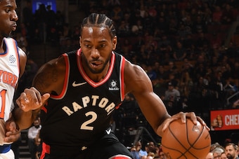 TORONTO, CAN - NOVEMBER 9: Kawhi Leonard #2 of the Toronto Raptors handles the ball against the New York Knicks on November 10, 2018 at Scotiabank Arena in Toronto, Canada. NOTE TO USER: User expressly acknowledges and agrees that, by downloading and/or u