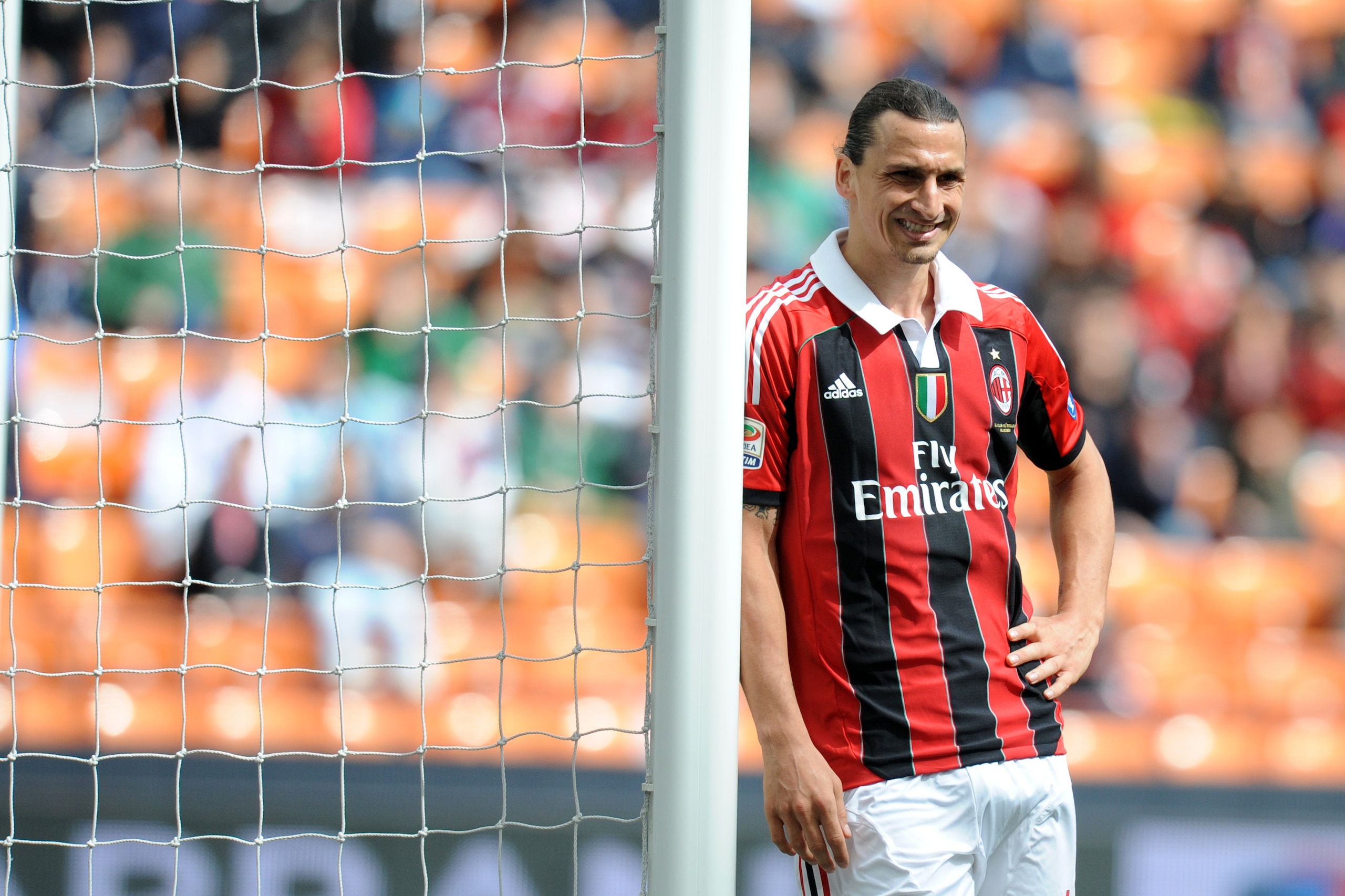 AC Milan's zlatan Ibrahimovic reacts during the Italian Serie A football match between AC Milan vs Novara on May 13, 2012 in Milan. AFP PHOTO / ALBERTO LINGRIA        (Photo credit should read ALBERTO LINGRIA/AFP/GettyImages)