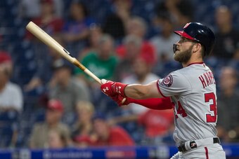 PHILADELPHIA, PA - SEPTEMBER 12: Bryce Harper #34 of the Washington Nationals hits a two run home run in the top of the first inning against the Philadelphia Phillies at Citizens Bank Park on September 12, 2018 in Philadelphia, Pennsylvania. (Photo by Mit
