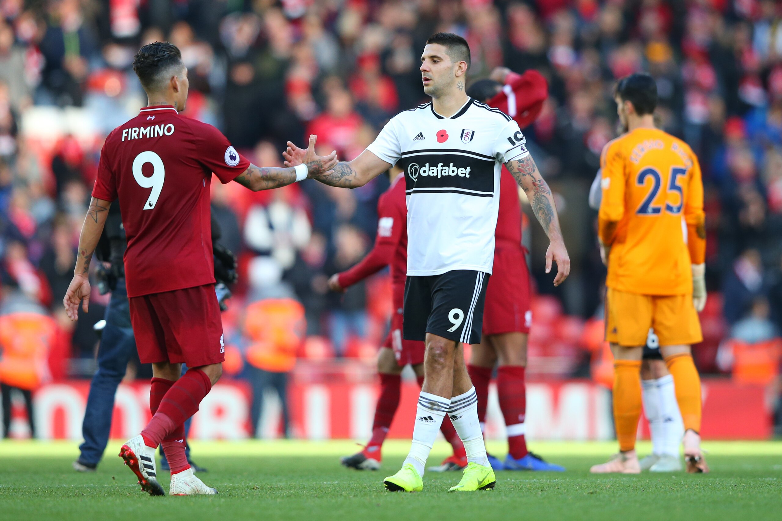 LIVERPOOL, ENGLAND - NOVEMBER 11: Aleksandar Mitrovic of Fulham shakes hands with Roberto Firmino of Liverpool after the Premier League match between Liverpool FC and Fulham FC at Anfield on November 11, 2018 in Liverpool, United Kingdom. (Photo by Alex LIVERPOOL, ENGLAND - NOVEMBER 11: Aleksandar Mitrovic of Fulham shakes hands with Roberto Firmino of Liverpool after the Premier League match between Liverpool FC and Fulham FC at Anfield on November 11, 2018 in Liverpool, United Kingdom. (Photo by Alex
