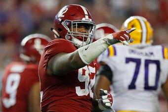 TUSCALOOSA, AL - NOVEMBER 04:  Quinnen Williams #92 of the Alabama Crimson Tide reacts after a sack against the LSU Tigers at Bryant-Denny Stadium on November 4, 2017 in Tuscaloosa, Alabama.  (Photo by Kevin C. Cox/Getty Images)