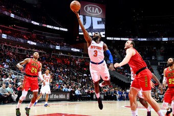ATLANTA, GA - NOVEMBER 7: Tim Hardaway Jr. #3 of the New York Knicks shoots the ball during the game against the Atlanta Hawks on November 7, 2018 at Philips Arena in Atlanta, Georgia.  NOTE TO USER: User expressly acknowledges and agrees that, by downloa