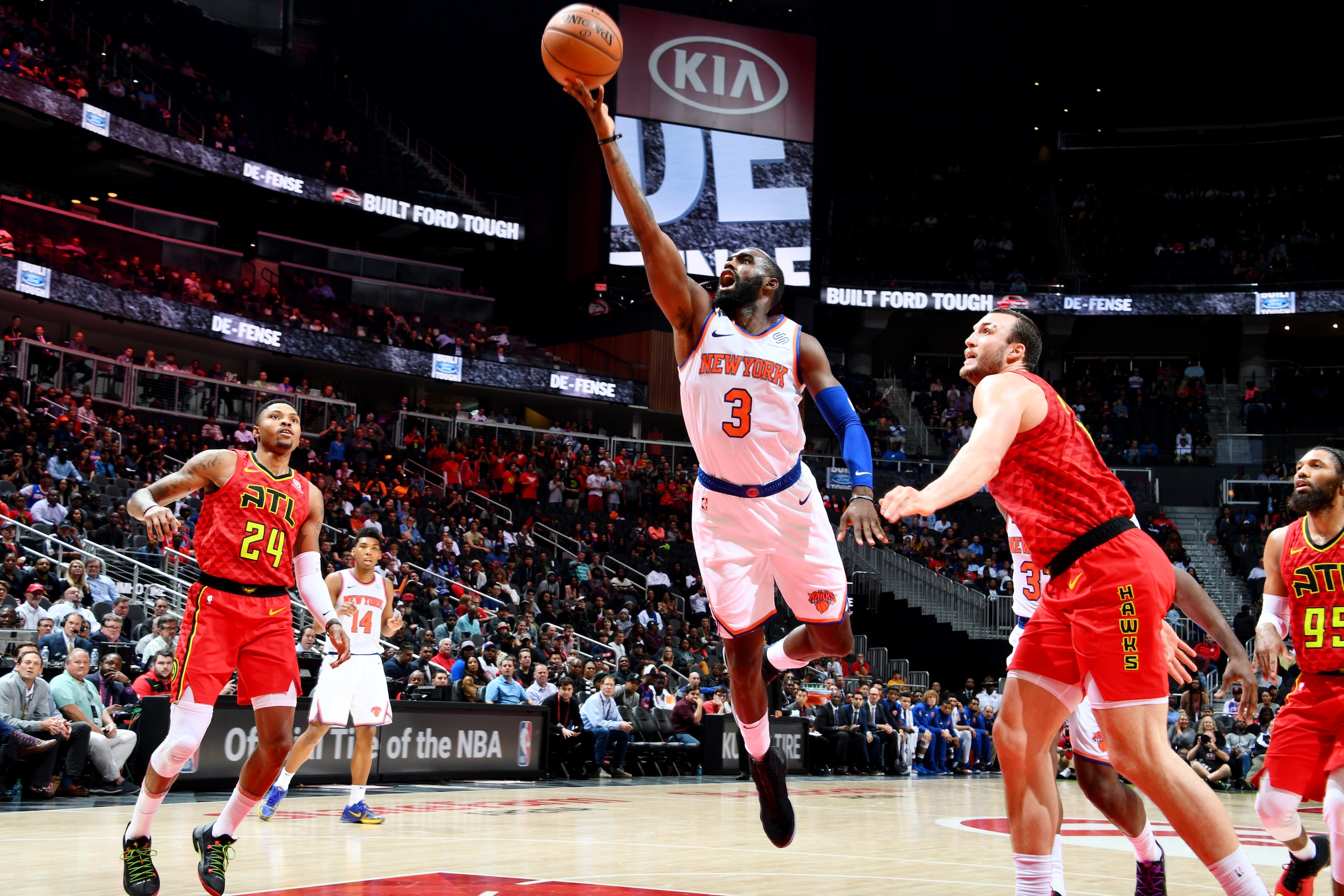 ATLANTA, GA - NOVEMBER 7: Tim Hardaway Jr. #3 of the New York Knicks shoots the ball during the game against the Atlanta Hawks on November 7, 2018 at Philips Arena in Atlanta, Georgia.  NOTE TO USER: User expressly acknowledges and agrees that, by downloa