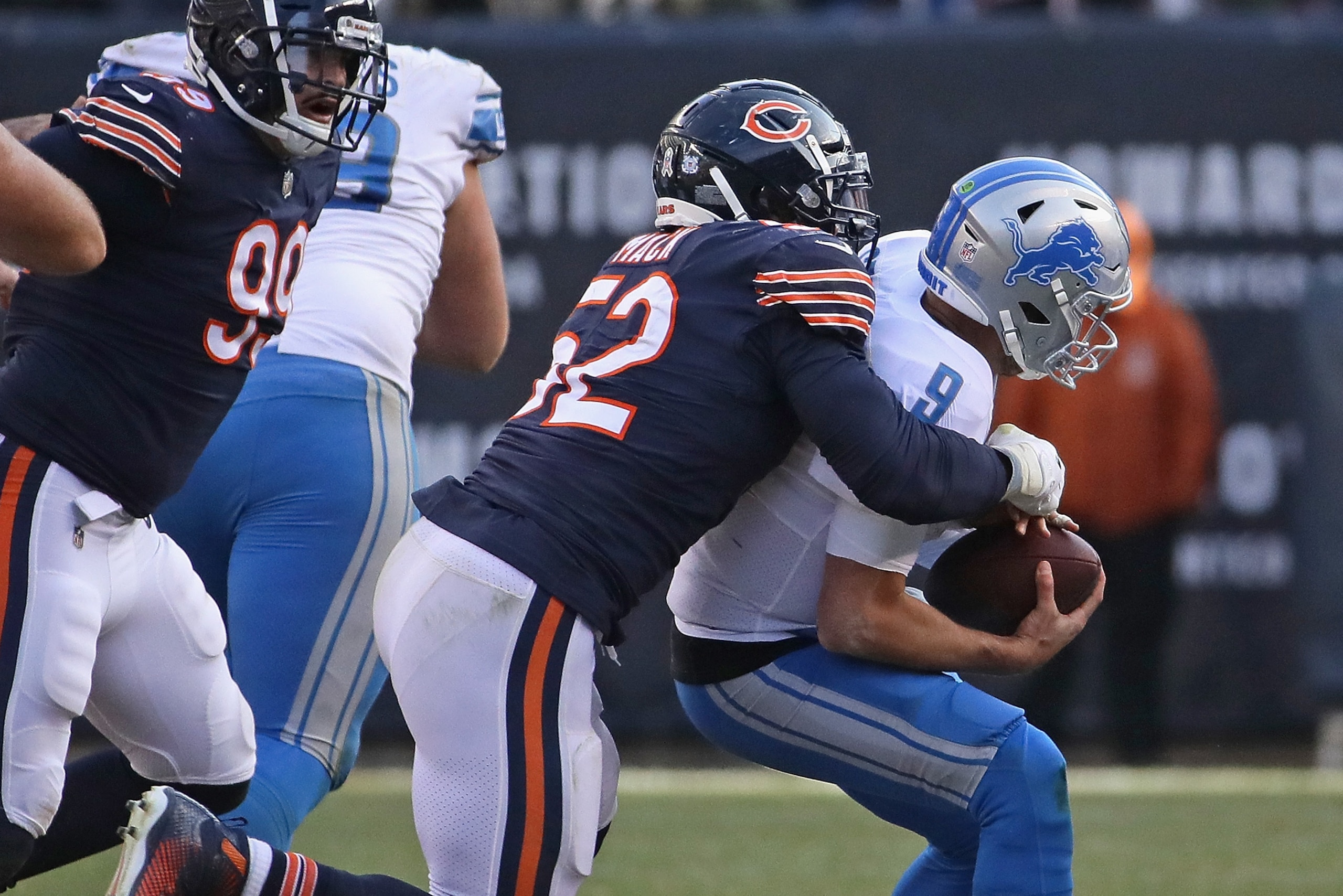 CHICAGO, IL - NOVEMBER 11:  Khalil Mack #52 of the Chicago Bears sacks Matthew Stafford #9 of the Detroit Lions at Soldier Field on November 11, 2018 in Chicago, Illinois. The Bears defeated the Lions 34-22.  (Photo by Jonathan Daniel/Getty Images)