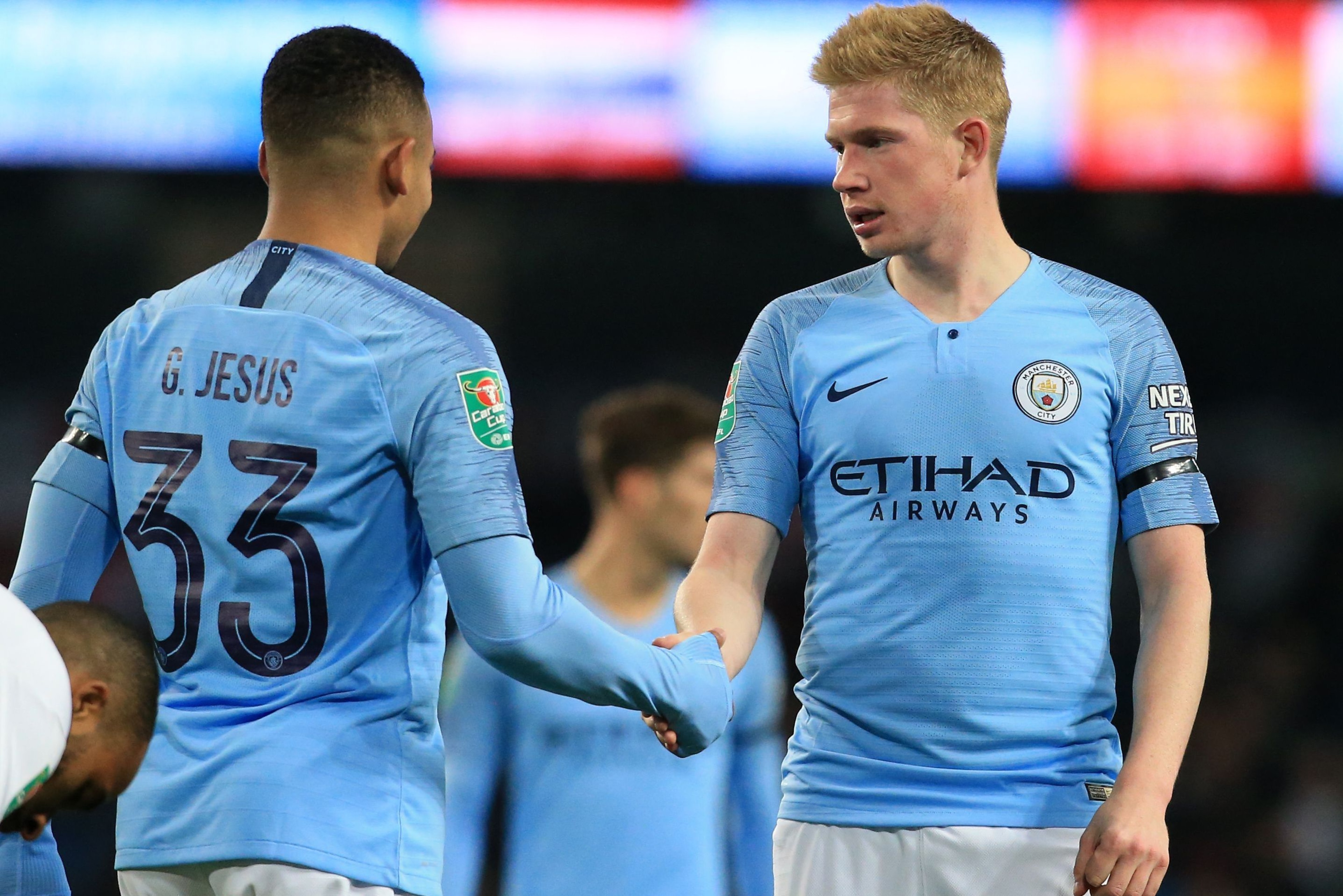 Manchester City's Belgian midfielder Kevin De Bruyne (R) and Manchester City's Brazilian striker Gabriel Jesus shake hands during the English League Cup, 4th round football match between Manchester City and Fulham at the Etihad Stadium in Manchester, nort Manchester City's Belgian midfielder Kevin De Bruyne (R) and Manchester City's Brazilian striker Gabriel Jesus shake hands during the English League Cup, 4th round football match between Manchester City and Fulham at the Etihad Stadium in Manchester, nort
