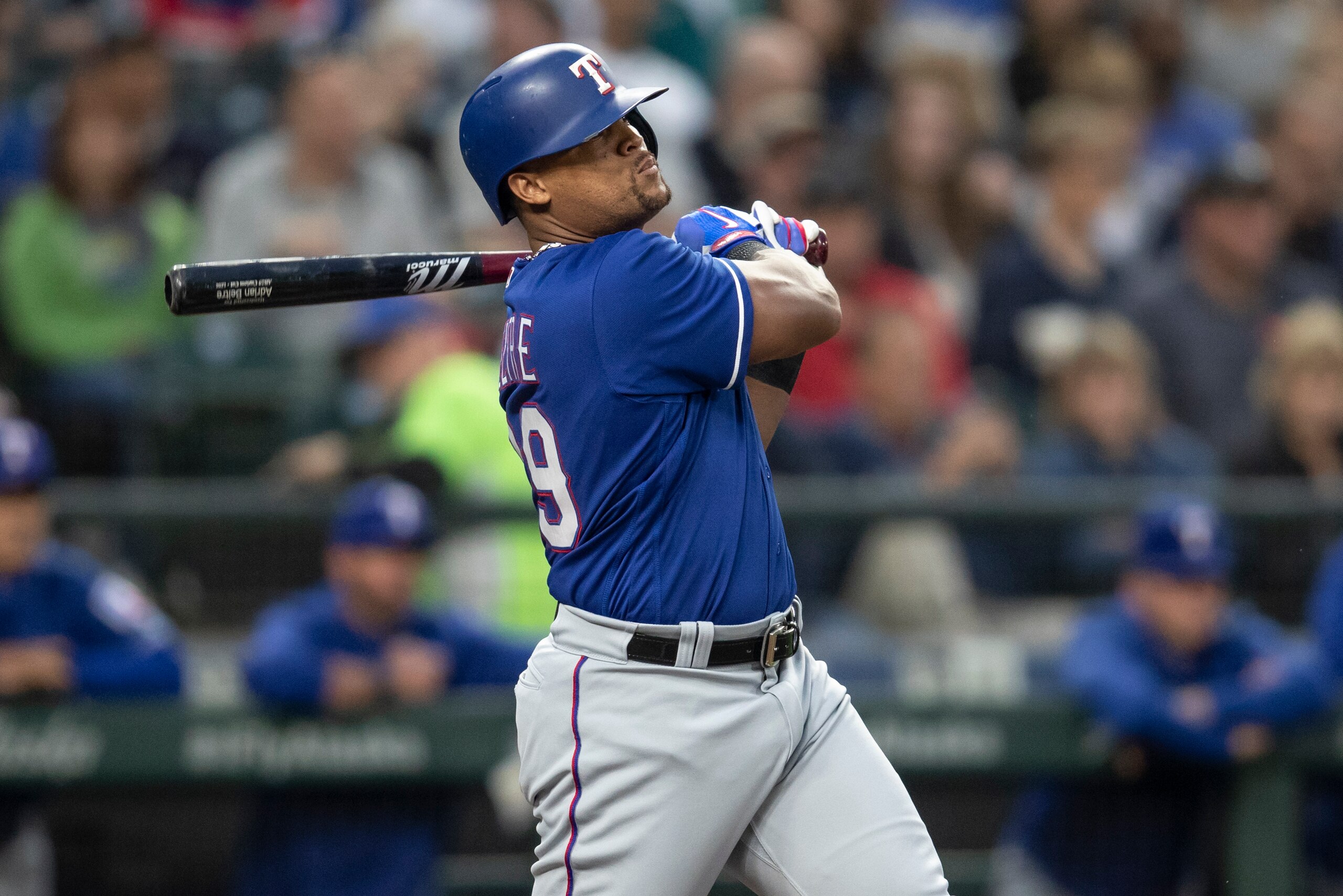 SEATTLE, WA - SEPTEMBER 29: Adrian Beltre #29 of the Texas Rangers hits a one-run double off of starting pitcher James Paxton #65 of the Seattle Mariners that scored Rougned Odor #12 of the Texas Rangers during the twelfth inning of a game at Safeco Field SEATTLE, WA - SEPTEMBER 29: Adrian Beltre #29 of the Texas Rangers hits a one-run double off of starting pitcher James Paxton #65 of the Seattle Mariners that scored Rougned Odor #12 of the Texas Rangers during the twelfth inning of a game at Safeco Field