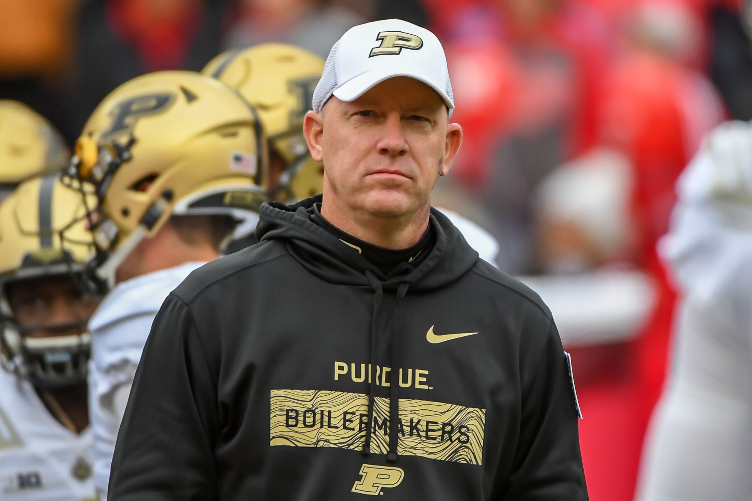 LINCOLN, NE - SEPTEMBER 29: Head coach Jeff Brohm of the Purdue Boilermakers looks on during warmups before the game against the Nebraska Cornhuskers at Memorial Stadium on September 29, 2018 in Lincoln, Nebraska. (Photo by Steven Branscombe/Getty Images) LINCOLN, NE - SEPTEMBER 29: Head coach Jeff Brohm of the Purdue Boilermakers looks on during warmups before the game against the Nebraska Cornhuskers at Memorial Stadium on September 29, 2018 in Lincoln, Nebraska. (Photo by Steven Branscombe/Getty Images)
