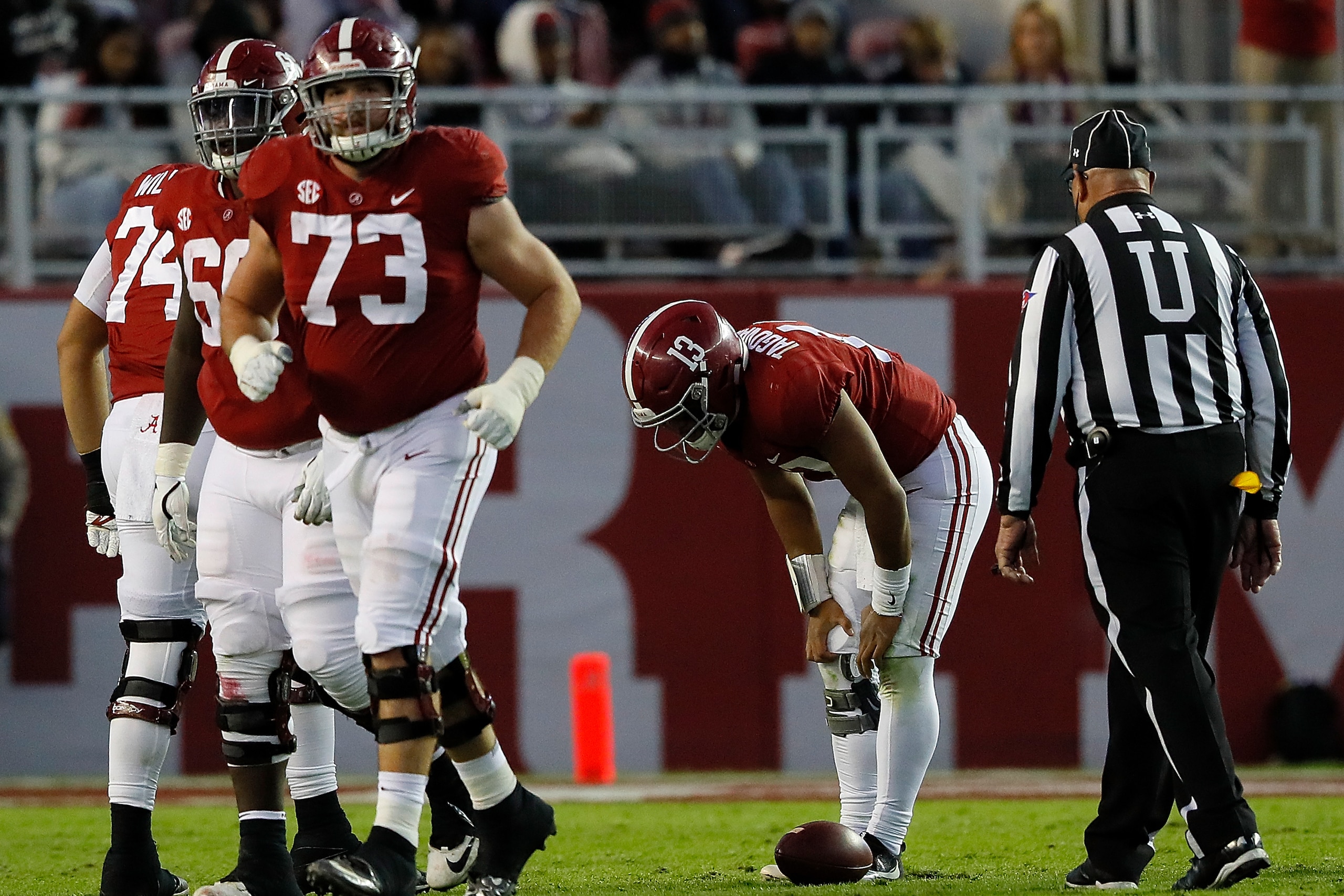 TUSCALOOSA, AL - NOVEMBER 10: Tua Tagovailoa #13 of the Alabama Crimson Tide reacts after being sacked in the third quarter against the Mississippi State Bulldogs at Bryant-Denny Stadium on November 10, 2018 in Tuscaloosa, Alabama. (Photo by Kevin C. Co TUSCALOOSA, AL - NOVEMBER 10: Tua Tagovailoa #13 of the Alabama Crimson Tide reacts after being sacked in the third quarter against the Mississippi State Bulldogs at Bryant-Denny Stadium on November 10, 2018 in Tuscaloosa, Alabama. (Photo by Kevin C. Co