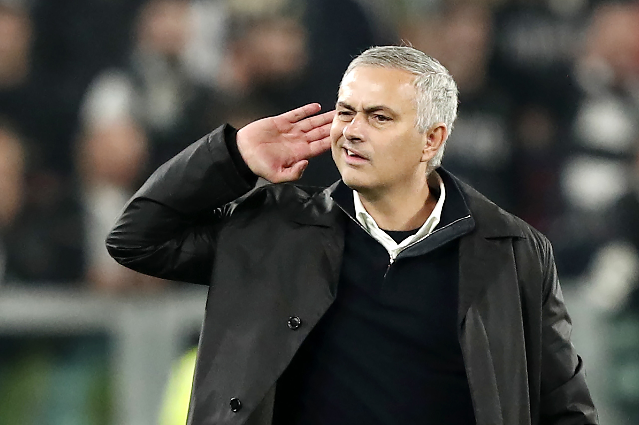 Manchester United's Portuguese manager Jose Mourinho gestures towards the public at the end of the UEFA Champions League group H football match Juventus vs Manchester United at the Allianz stadium in Turin on November 7, 2018. (Photo by Isabella BONOTTO / Manchester United's Portuguese manager Jose Mourinho gestures towards the public at the end of the UEFA Champions League group H football match Juventus vs Manchester United at the Allianz stadium in Turin on November 7, 2018. (Photo by Isabella BONOTTO /