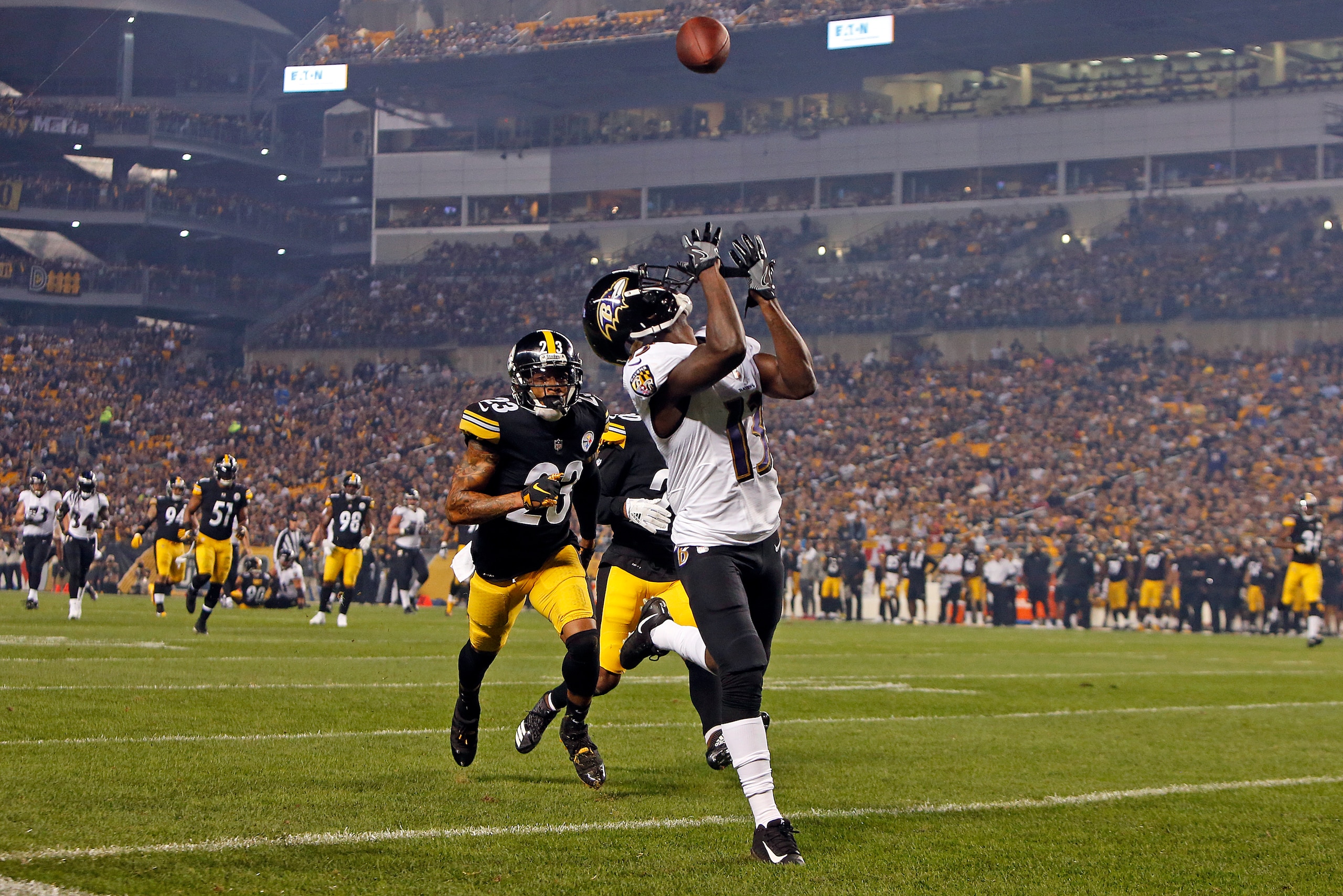 PITTSBURGH, PA - SEPTEMBER 30:  John Brown #13 of the Baltimore Ravens in action against Joe Haden #23 of the Pittsburgh Steelers on September 30, 2018 at Heinz Field in Pittsburgh, Pennsylvania.  (Photo by Justin K. Aller/Getty Images)