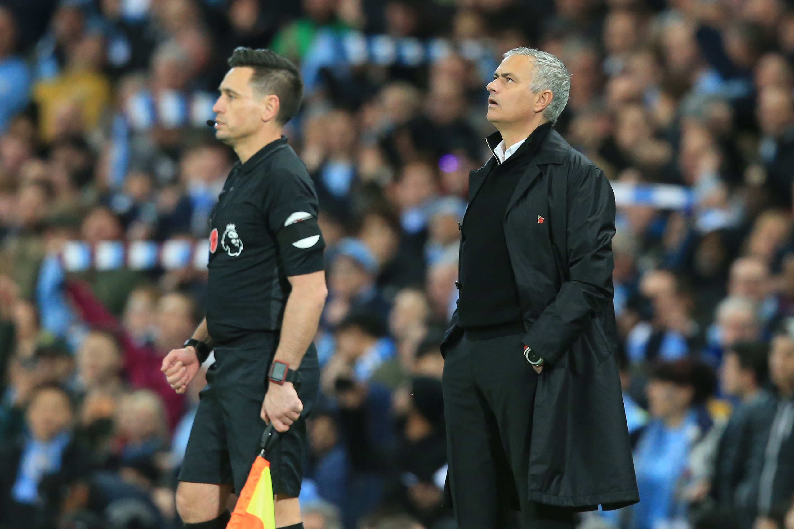 Manchester United's Portuguese manager Jose Mourinho reacts during the English Premier League football match between Manchester City and Manchester United at the Etihad Stadium in Manchester, north west England, on November 11, 2018. (Photo by Lindsey PAR