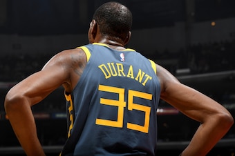LOS ANGELES, CA - NOVEMBER 12: Kevin Durant #35 of the Golden State Warriors looks on during the game against the LA Clippers on November 12, 2018 at STAPLES Center in Los Angeles, California. NOTE TO USER: User expressly acknowledges and agrees that, by 