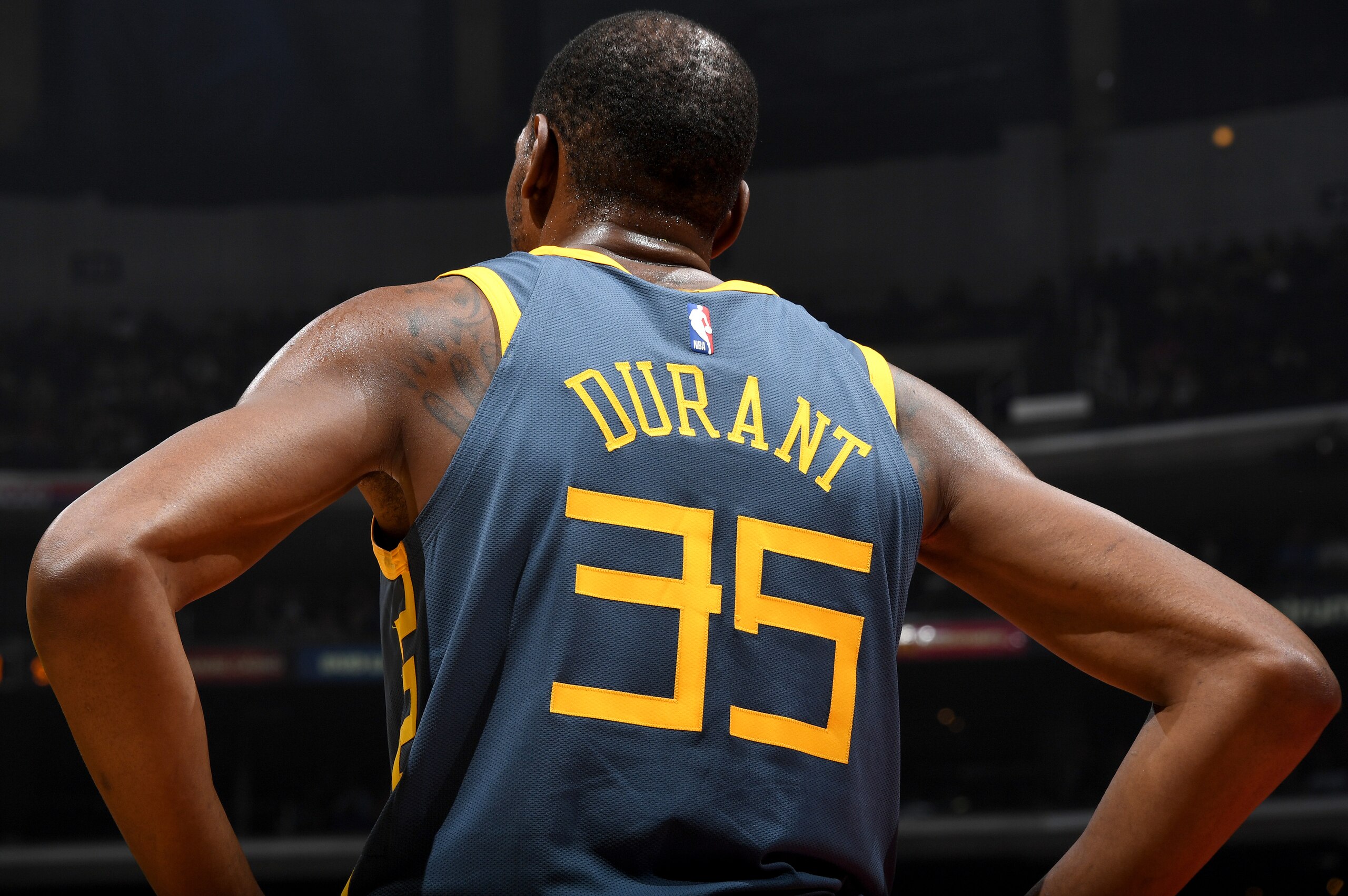 LOS ANGELES, CA - NOVEMBER 12: Kevin Durant #35 of the Golden State Warriors looks on during the game against the LA Clippers on November 12, 2018 at STAPLES Center in Los Angeles, California. NOTE TO USER: User expressly acknowledges and agrees that, by 