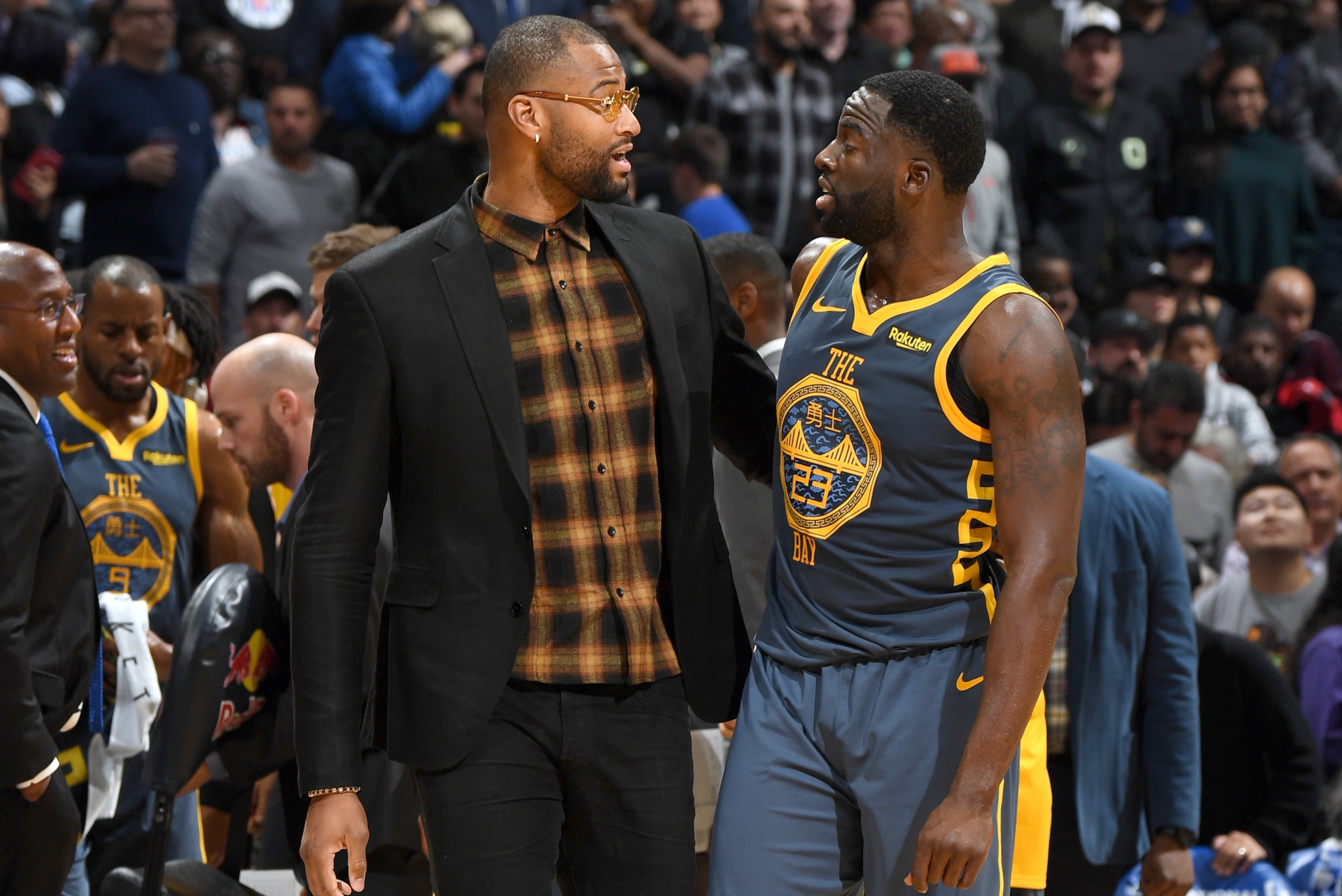 LOS ANGELES, CA - NOVEMBER 12: DeMarcus Cousins #0 and Draymond Green #23 of the Golden State Warriors talk during the game against the LA Clippers on November 12, 2018 at STAPLES Center in Los Angeles, California. NOTE TO USER: User expressly acknowledge