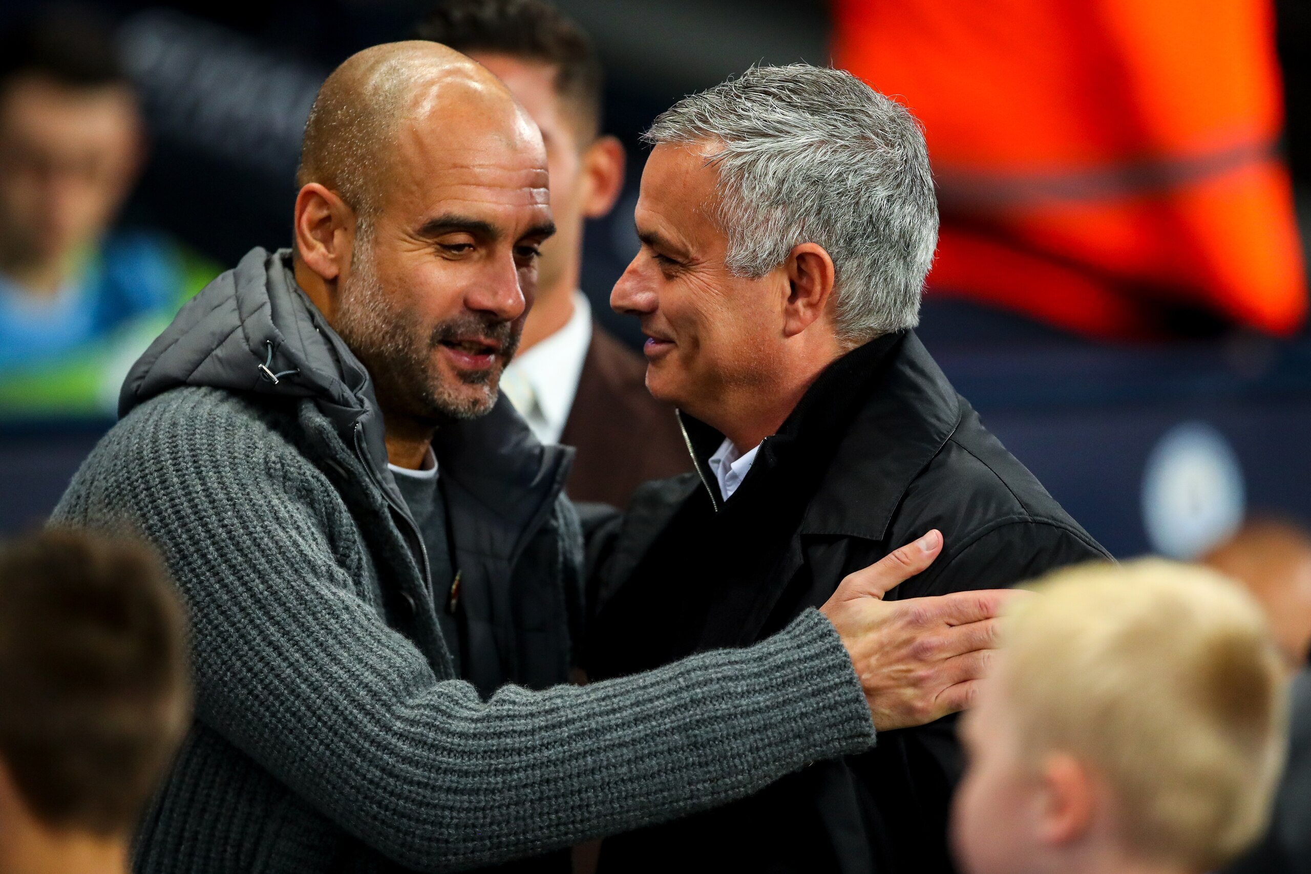 MANCHESTER, ENGLAND - NOVEMBER 11: Pep Guardiola the head coach / manager of Manchester City  and Jose Mourinho the head coach / manager of Manchester United during the Premier League match between Manchester City and Manchester United at Etihad Stadium o