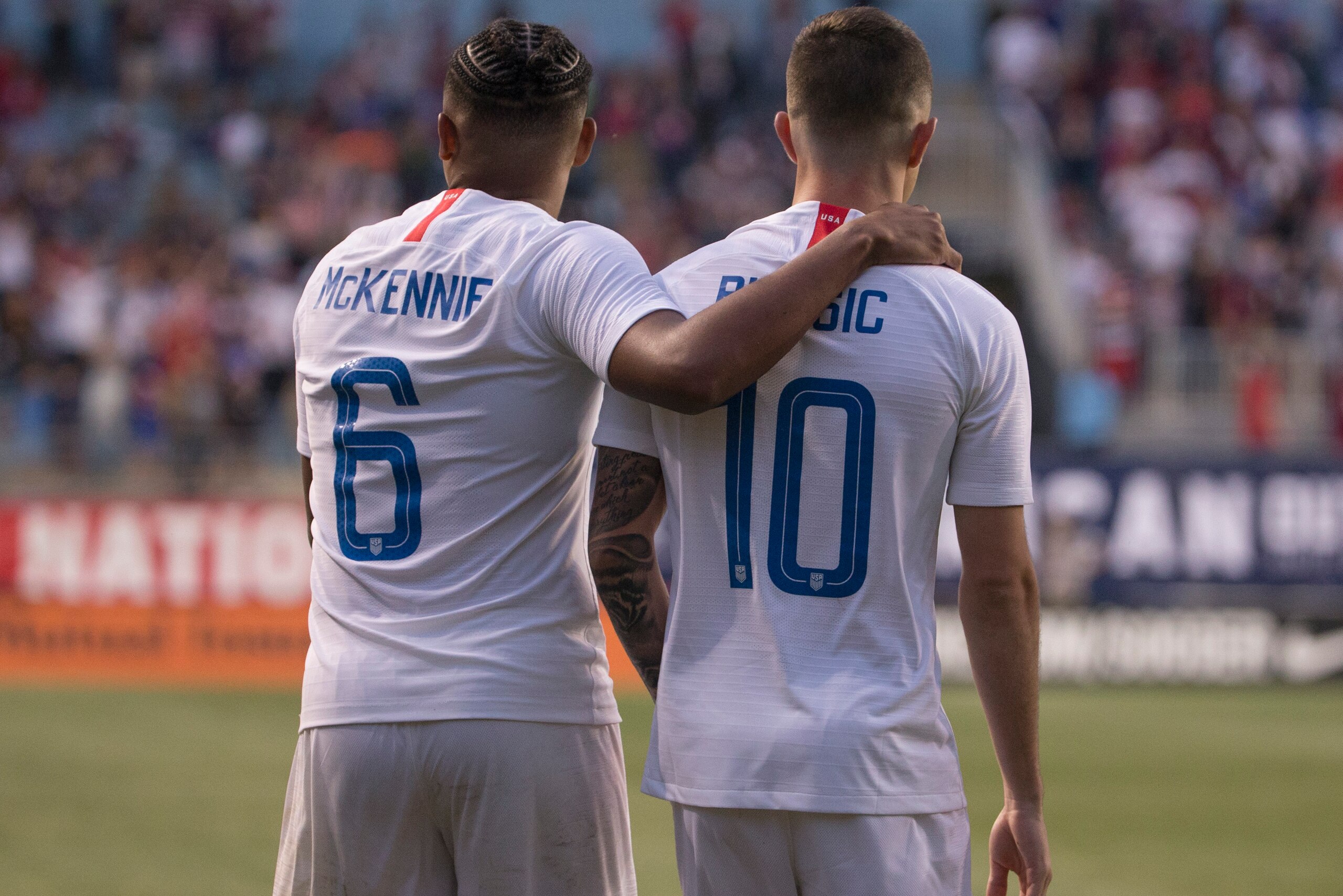 CHESTER, PA - MAY 28: Weston McKennie #6 of the United States puts his arm around Christian Pulisic #10 during the friendly soccer match against Bolivia at Talen Energy Stadium on May 28, 2018 in Chester, Pennsylvania. (Photo by Mitchell Leff/Getty Images