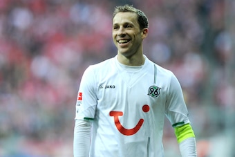 Hanover's US defender Steven Cherundolo laughs during the German first football division Bundesliga match between FC Bayern Munich and Hanover 96  in the stadium in Munich, Germany, on March 24, 2012. AFP PHOTO/CHRISTOF STACHE

RESTRICTIONS / EMBARGO - DF