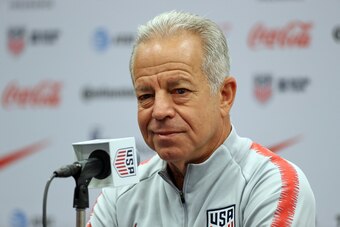 NASHVILLE, TN - SEPTEMBER 10: Dave Sarachan coach of United States gestures during a press conference prior to the international friendly match between Mexico and United States at Nissan Stadium on September 10, 2018 in Nashville, Tennessee. (Photo by Oma