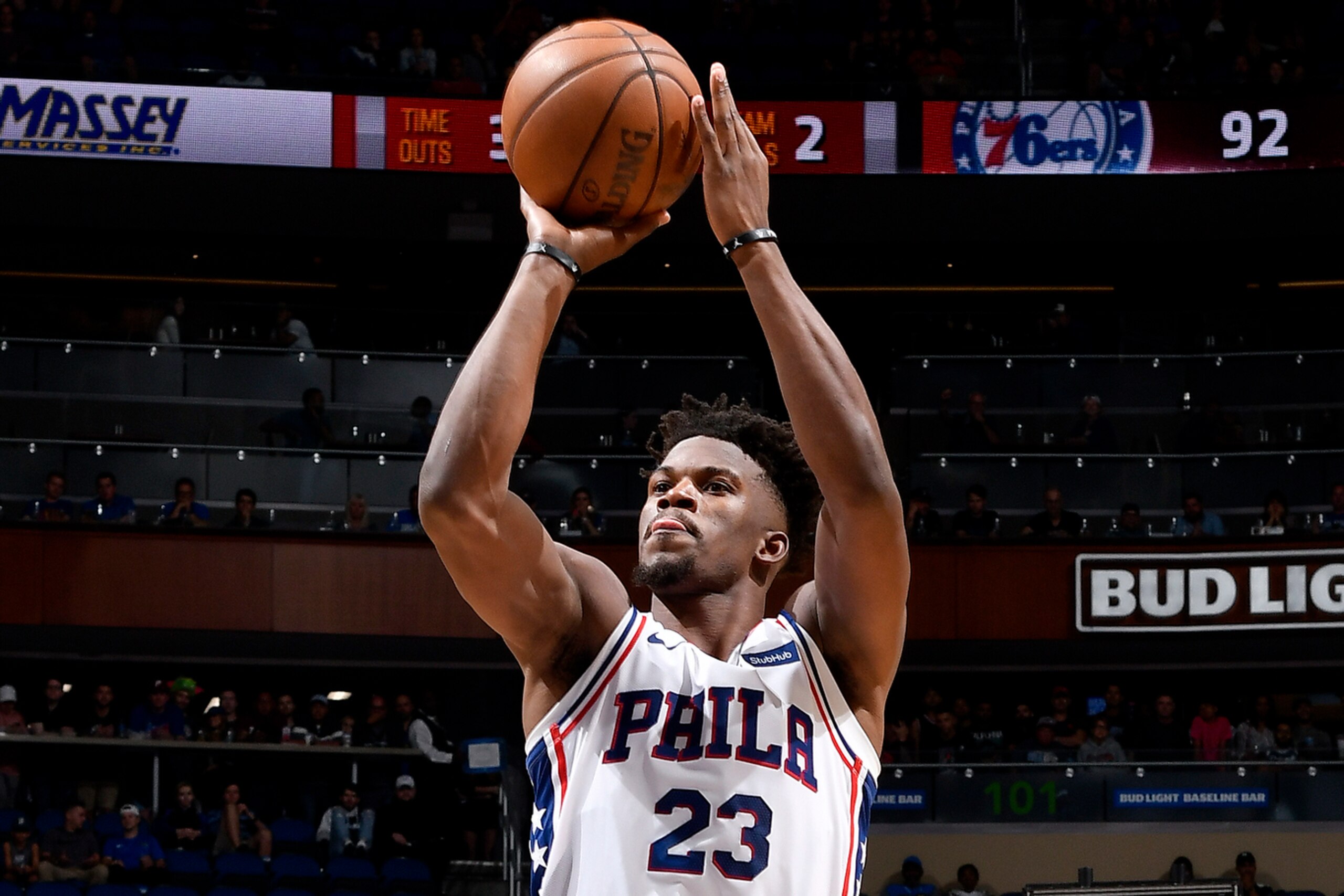 ORLANDO, FL - NOVEMBER 14: Jimmy Butler #23 of the Philadelphia 76ers shoots the ball against the Orlando Magic on November 14, 2018 at Amway Center in Orlando, Florida. NOTE TO USER: User expressly acknowledges and agrees that, by downloading and/or usin