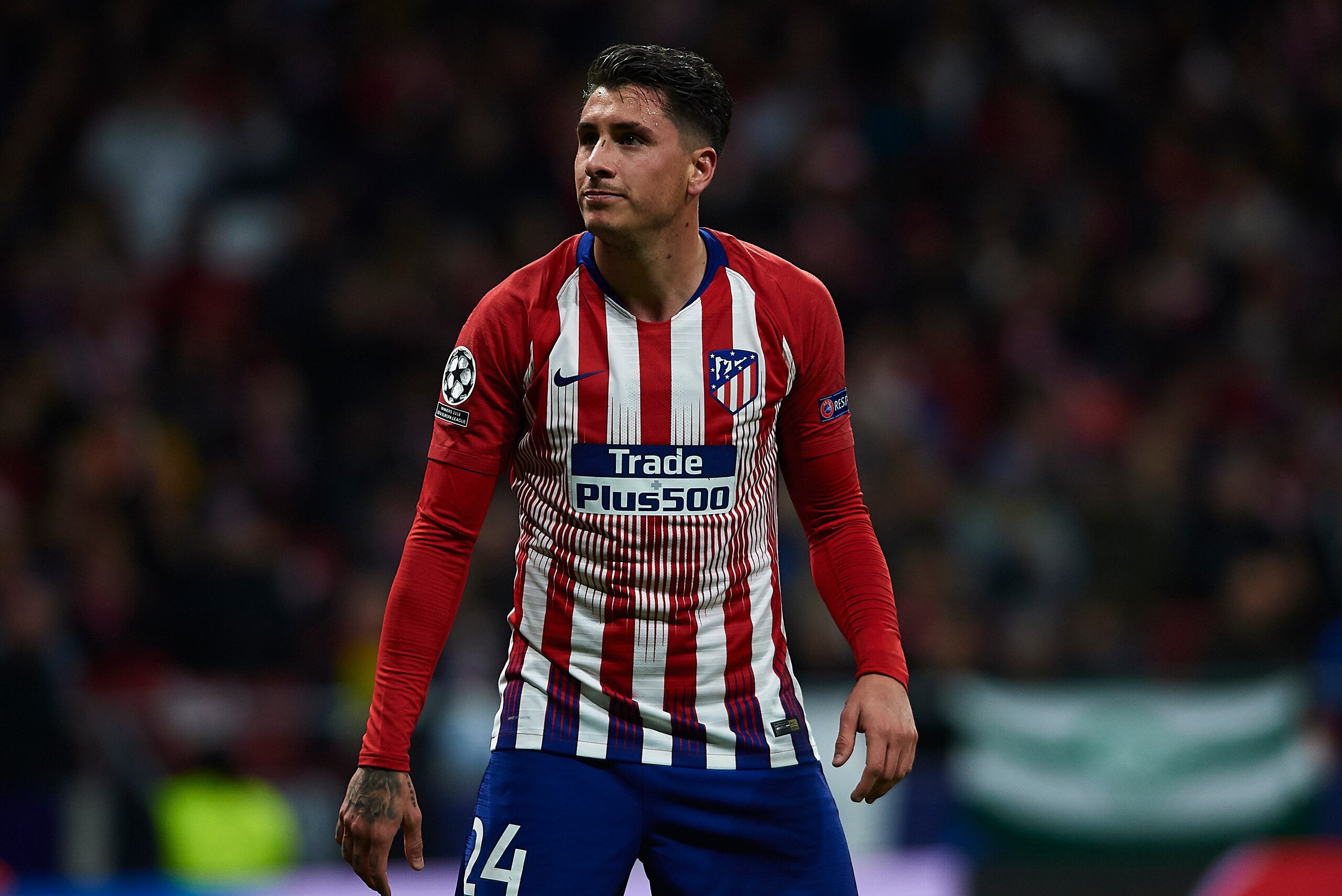 MADRID, SPAIN - NOVEMBER 06:  Jose Maria Gimenez of Atletico de Madrid reacts during the Group A match of the UEFA Champions League between Club Atletico de Madrid and Borussia Dortmund at Estadio Wanda Metropolitano on November 6, 2018 in Madrid, Spain. 