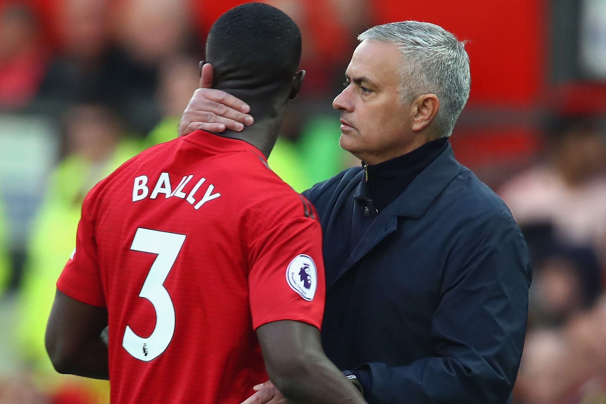 MANCHESTER, ENGLAND - OCTOBER 06:  Jose Mourinho, Manager of Manchester United with Eric Bailly after taking him off in the first half during the Premier League match between Manchester United and Newcastle United at Old Trafford on October 6, 2018 in Man
