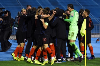 Croatia's players celebrate after scoring a goal during the UEFA Nations League football match between Croatia and Spain at the Maksimir Stadium in Zagreb on November 15, 2108. (Photo by - / AFP)        (Photo credit should read -/AFP/Getty Images)