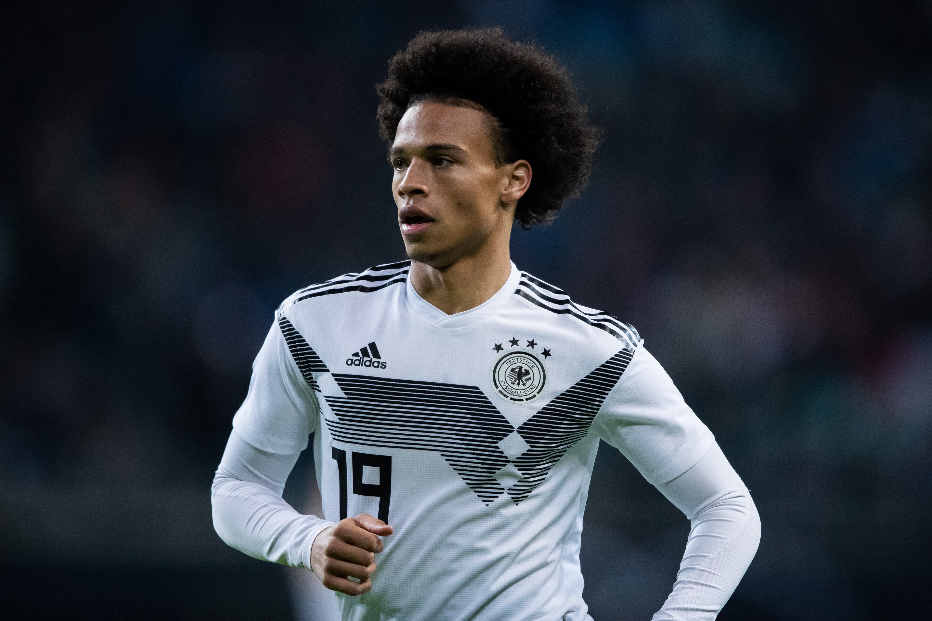 LEIPZIG, GERMANY - NOVEMBER 15: Leroy Sane of Germany looks on during the International Friendly match between Germany and Russia at Red Bull Arena on November 15, 2018 in Leipzig, Germany. (Photo by Simon Hofmann/Getty Images) LEIPZIG, GERMANY - NOVEMBER 15: Leroy Sane of Germany looks on during the International Friendly match between Germany and Russia at Red Bull Arena on November 15, 2018 in Leipzig, Germany. (Photo by Simon Hofmann/Getty Images)