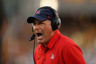 TEMPE, AZ - NOVEMBER 25:  Head coache Rich Rodriguez of the Arizona Wildcats reacts on the sidelines during the second half of the college football game against the Arizona State Sun Devils at Sun Devil Stadium on November 25, 2017 in Tempe, Arizona. The 