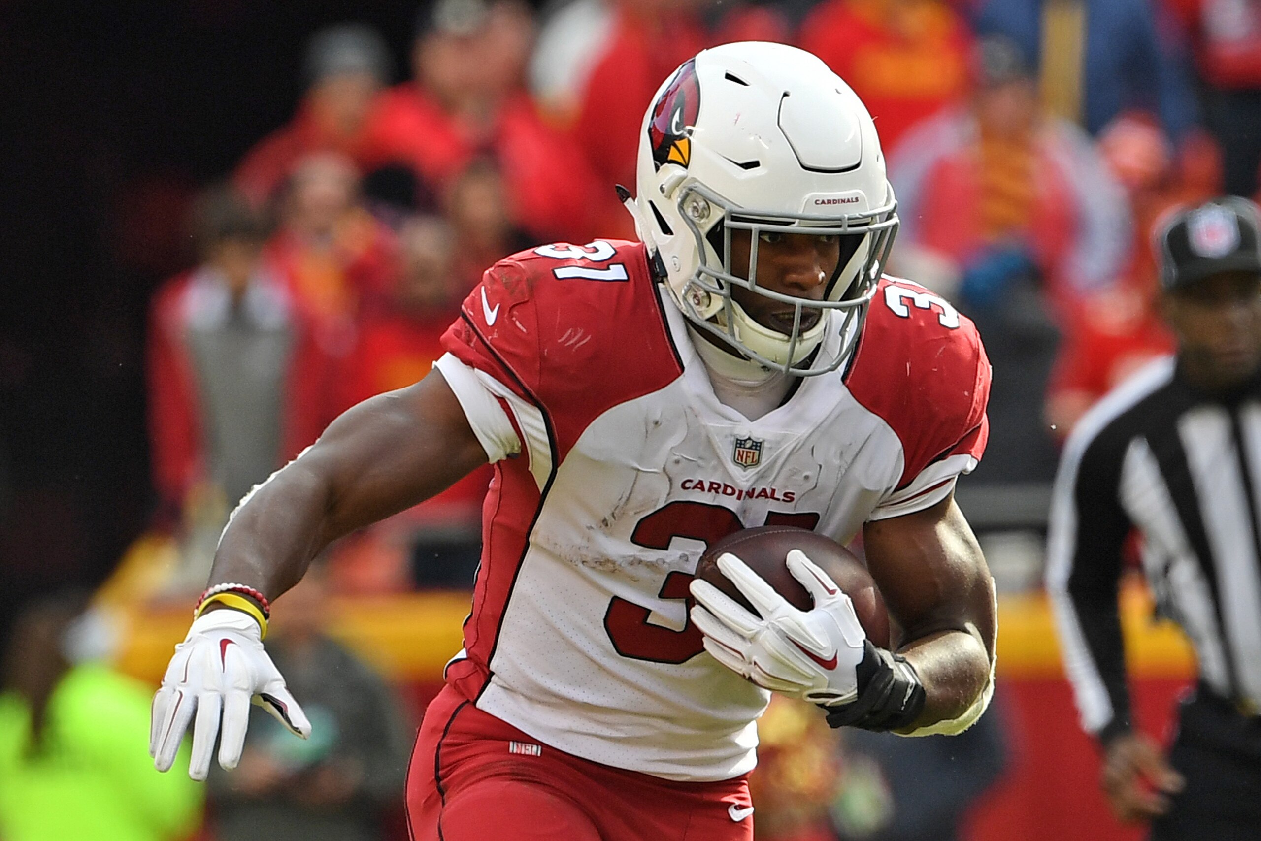 KANSAS CITY, MO - NOVEMBER 11: Running back David Johnson #31 of the Arizona Cardinals rushes up field against the Kansas City Chiefs during the second half on November 11, 2018 at Arrowhead Stadium in Kansas City, Missouri. (Photo by Peter G. Aiken/Get KANSAS CITY, MO - NOVEMBER 11: Running back David Johnson #31 of the Arizona Cardinals rushes up field against the Kansas City Chiefs during the second half on November 11, 2018 at Arrowhead Stadium in Kansas City, Missouri. (Photo by Peter G. Aiken/Get