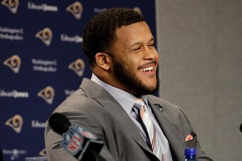 Aaron Donald at his news conference after being drafted by the Rams.
