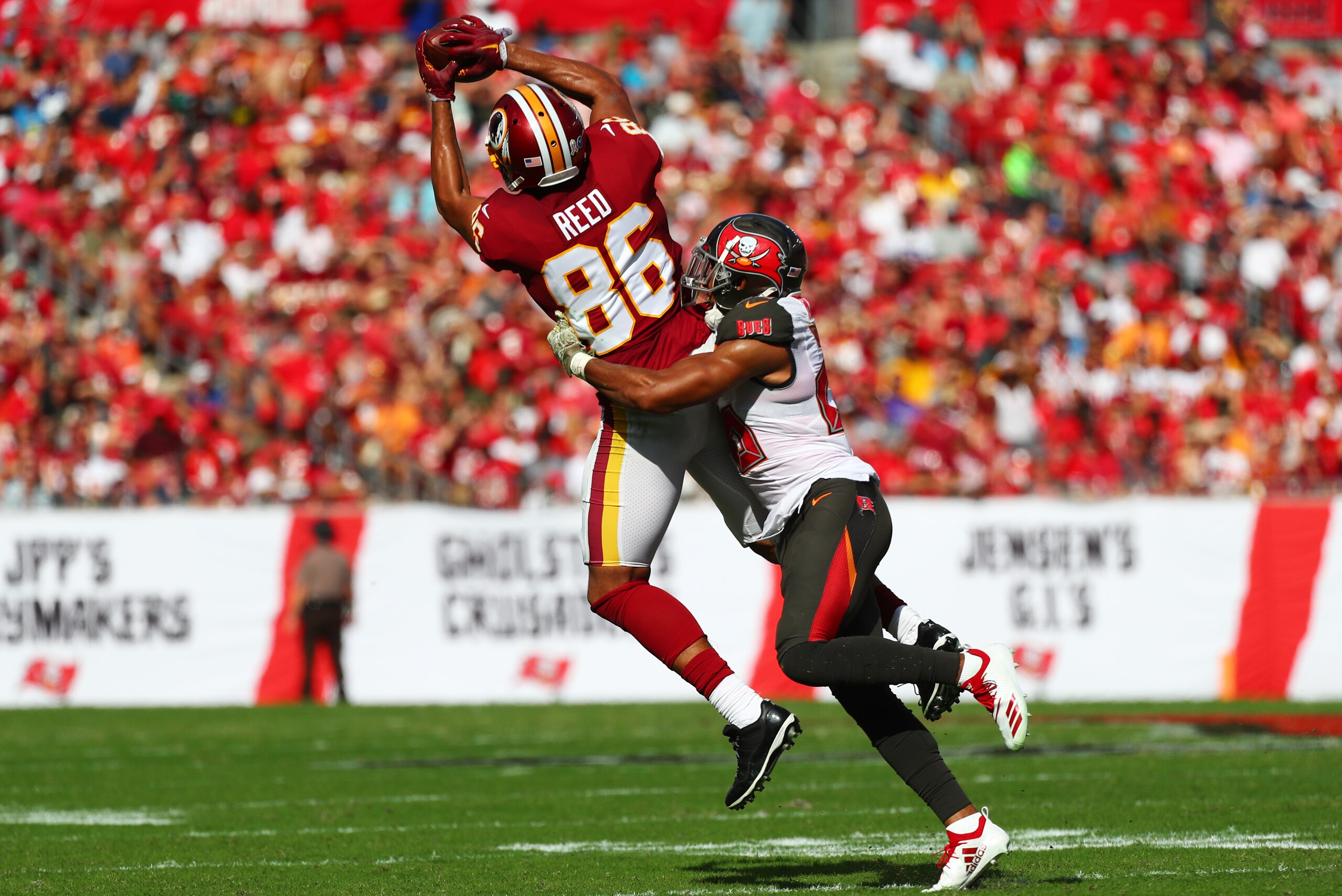 TAMPA, FLORIDA - NOVEMBER 11: Jordan Reed #86 of the Washington Redskins makes a reception during the second quarter against the Tampa Bay Buccaneers at Raymond James Stadium on November 11, 2018 in Tampa, Florida. (Photo by Will Vragovic/Getty Images) TAMPA, FLORIDA - NOVEMBER 11: Jordan Reed #86 of the Washington Redskins makes a reception during the second quarter against the Tampa Bay Buccaneers at Raymond James Stadium on November 11, 2018 in Tampa, Florida. (Photo by Will Vragovic/Getty Images)