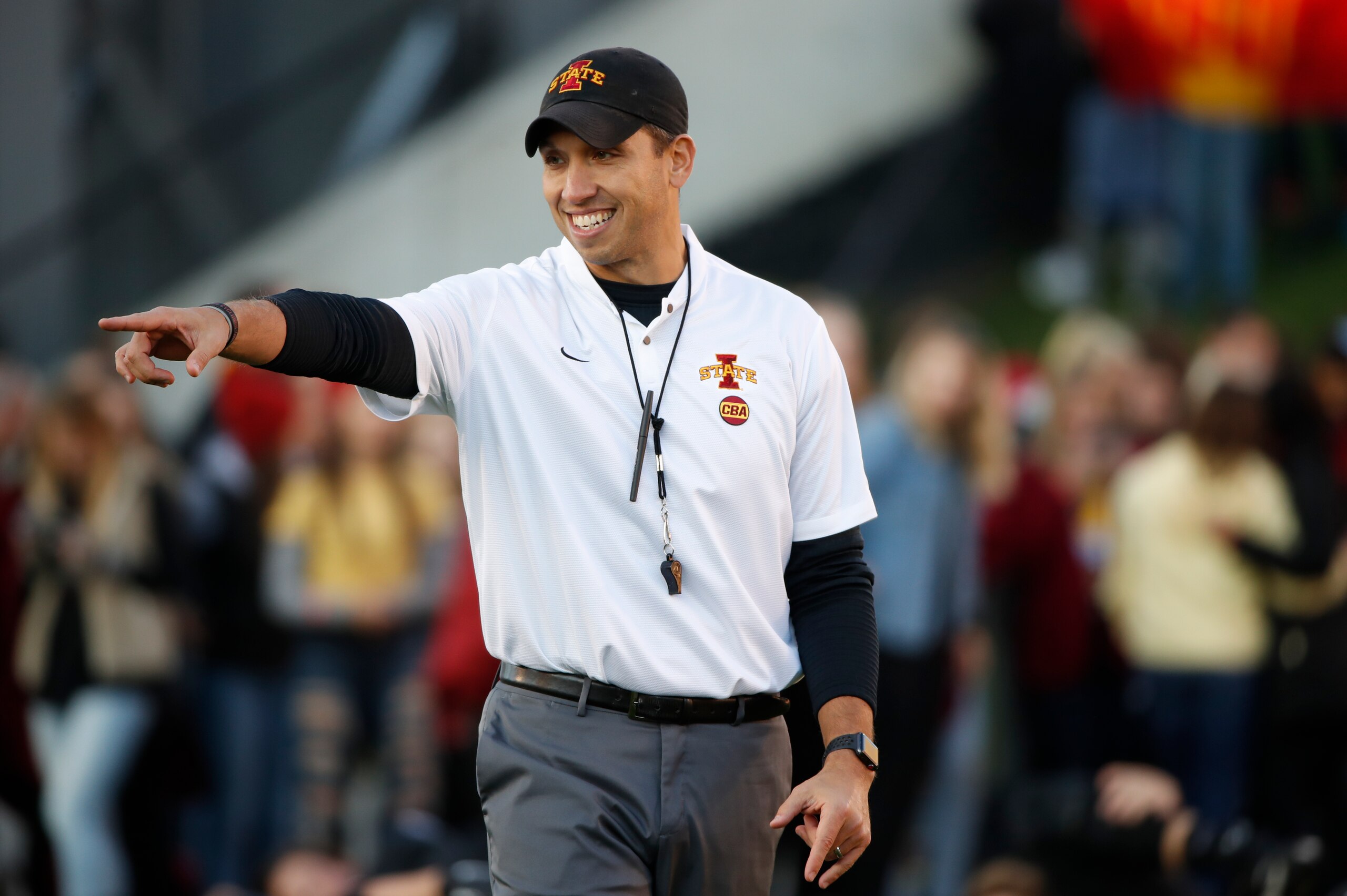 AMES, IA - OCTOBER 13: Head coach Matt Campbell of the Iowa State Cyclones coaches during pre game warm ups before game action agains the West Virginia Mountaineers at Jack Trice Stadium on October 13, 2018 in Ames, Iowa. The Iowa State Cyclones won 30-14