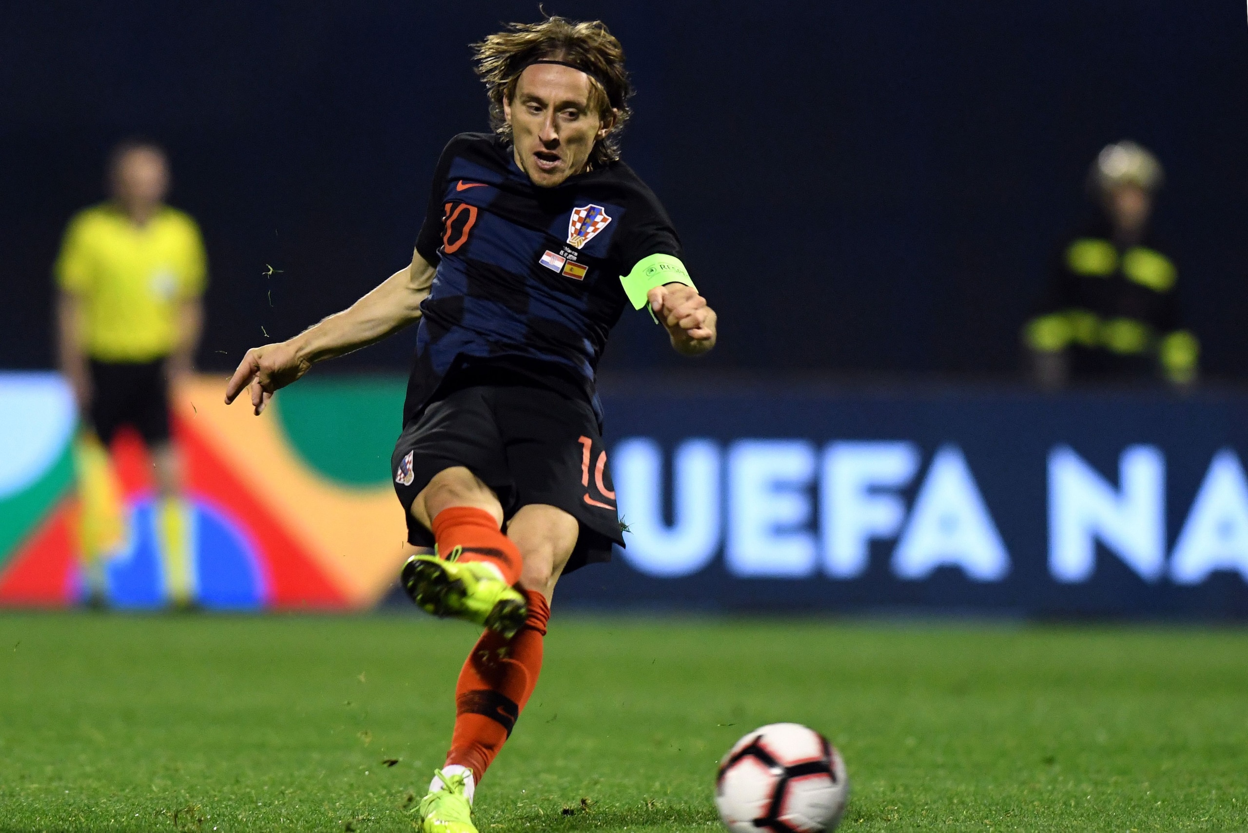 Croatia's Luka Modric shoots on goal during the UEFA Nations League football match between Croatia and Spain at the Maksimir Stadium in Zagreb on November 15, 2108. (Photo by - / AFP) (Photo credit should read -/AFP/Getty Images) Croatia's Luka Modric shoots on goal during the UEFA Nations League football match between Croatia and Spain at the Maksimir Stadium in Zagreb on November 15, 2108. (Photo by - / AFP) (Photo credit should read -/AFP/Getty Images)