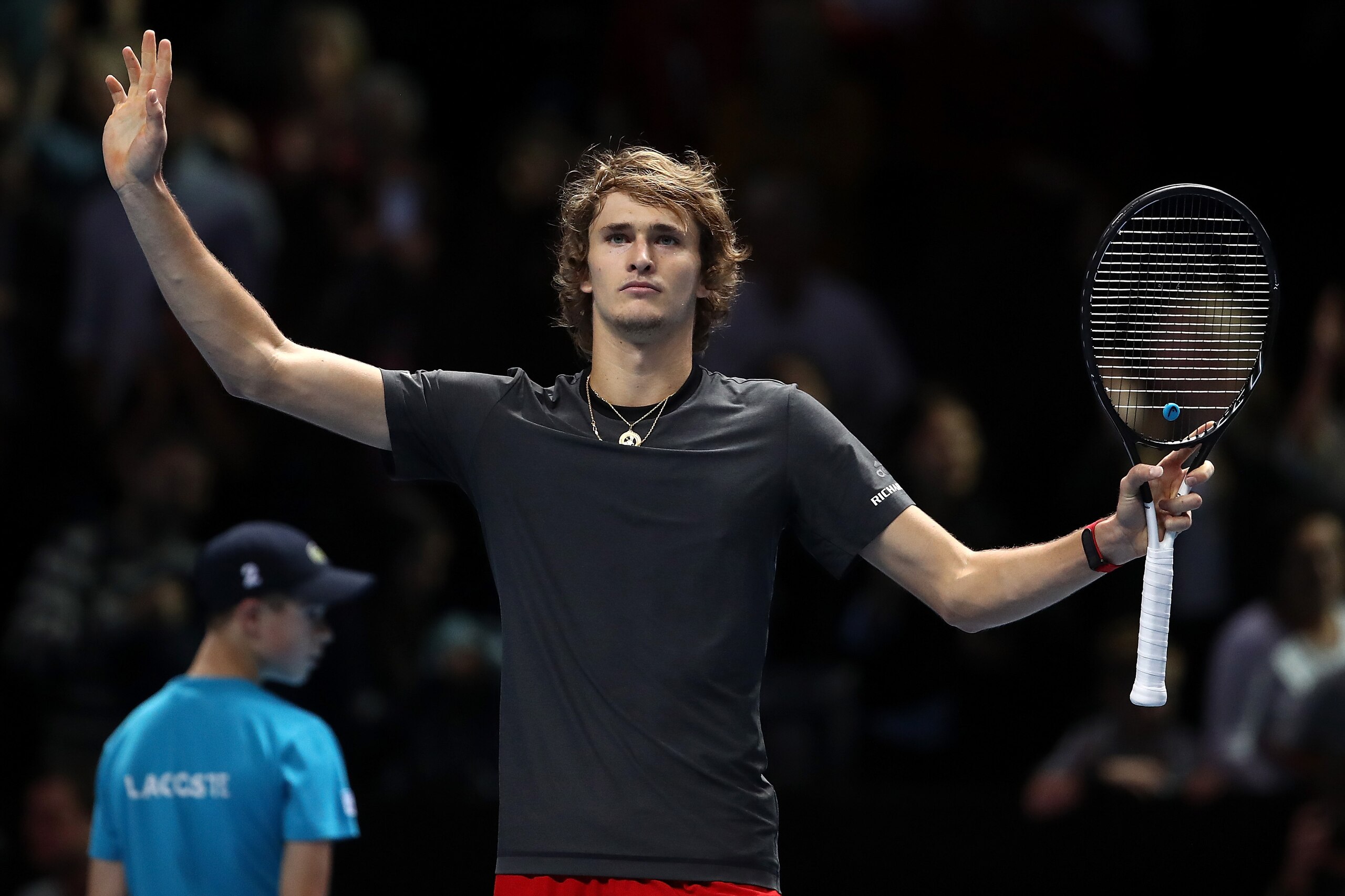 LONDON, ENGLAND - NOVEMBER 17:  Alexander Zverev of Germany celebrates defeating Roger Federer of Switzerland in his match during Day Seven of the Nitto ATP Finals at The O2 Arena on November 17, 2018 in London, England.  (Photo by Julian Finney/Getty Ima