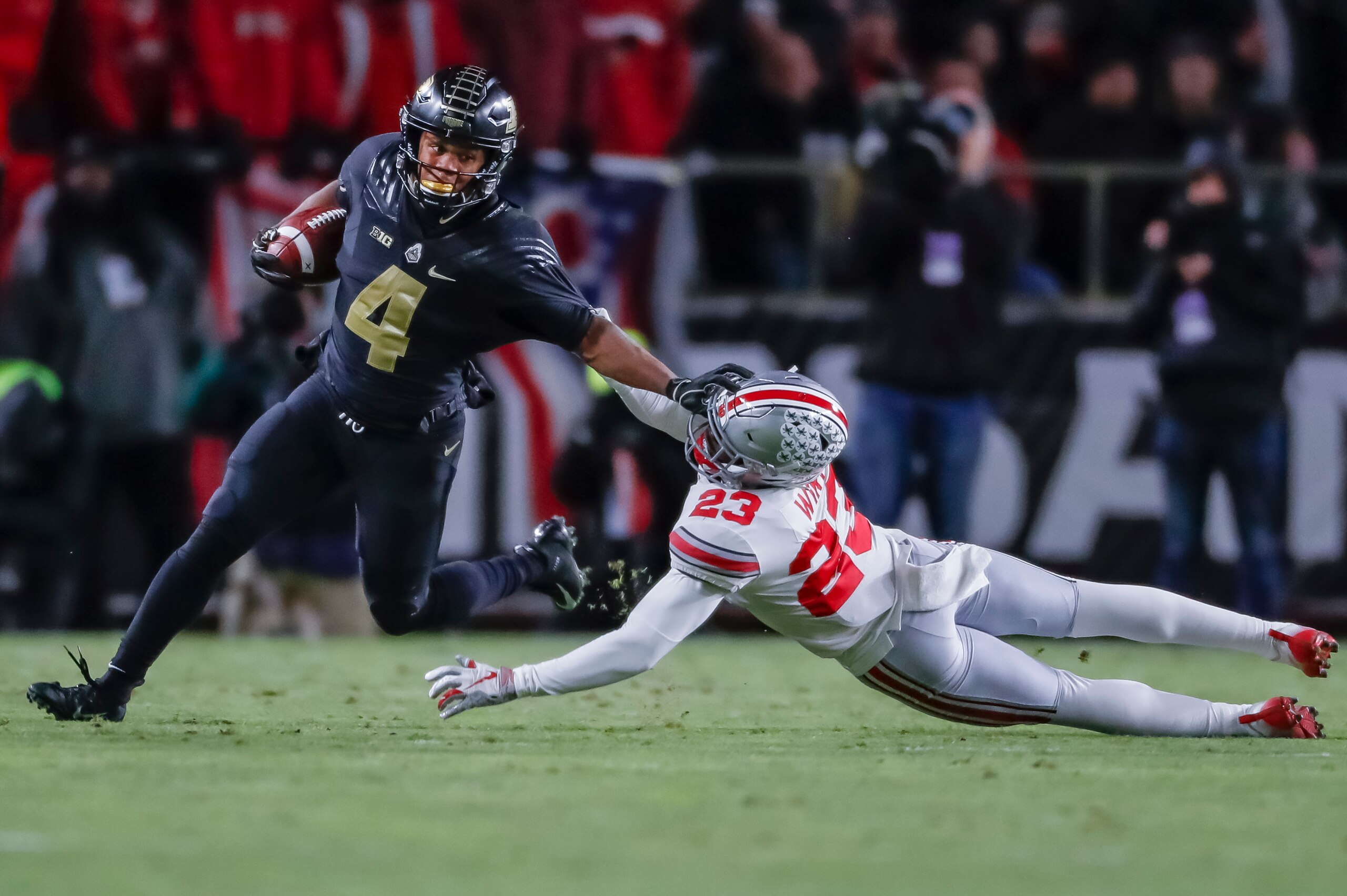 WEST LAFAYETTE, IN - OCTOBER 20: Rondale Moore #4 of the Purdue Boilermakers runs the ball during the game against the Ohio State Buckeyes at Ross-Ade Stadium on October 20, 2018 in West Lafayette, Indiana. (Photo by Michael Hickey/Getty Images)