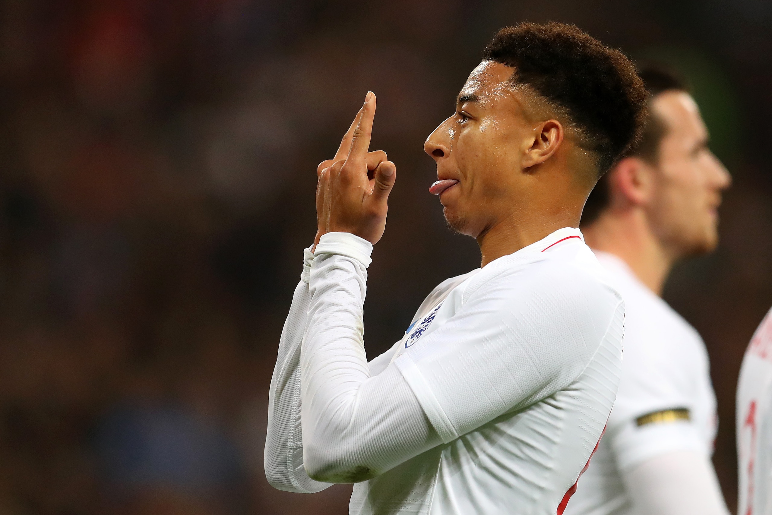 LONDON, ENGLAND - NOVEMBER 15: Jesse Lingard of England celebrates after scoring his team's first goal during the International Friendly match between England and United States at Wembley Stadium on November 15, 2018 in London, United Kingdom.  (Photo by 