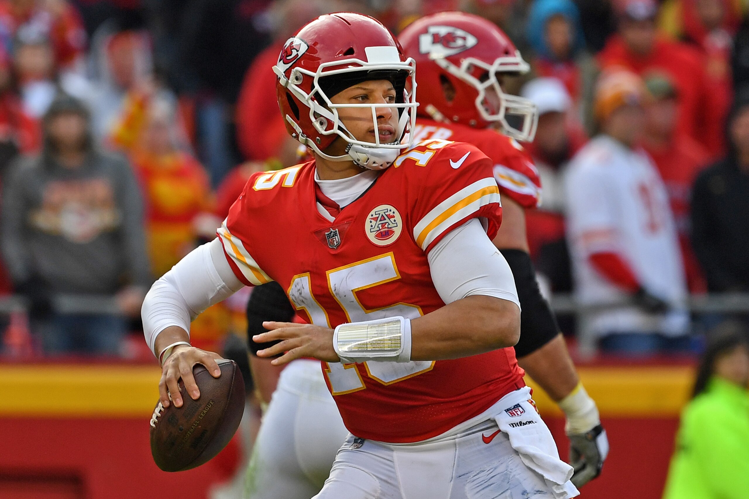 KANSAS CITY, MO - NOVEMBER 11: Quarterback Patrick Mahomes #15 of the Kansas City Chiefs drops back to pass against the Arizona Cardinals during the second half on November 11, 2018 at Arrowhead Stadium in Kansas City, Missouri. (Photo by Peter G. Aiken KANSAS CITY, MO - NOVEMBER 11: Quarterback Patrick Mahomes #15 of the Kansas City Chiefs drops back to pass against the Arizona Cardinals during the second half on November 11, 2018 at Arrowhead Stadium in Kansas City, Missouri. (Photo by Peter G. Aiken