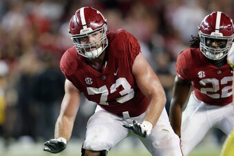 TUSCALOOSA, AL - OCTOBER 13: Jonah Williams #73 of the Alabama Crimson Tide in action during the game against the Missouri Tigers at Bryant-Denny Stadium on October 13, 2018 in Tuscaloosa, Alabama. Alabama won 39-10. (Photo by Joe Robbins/Getty Images)
