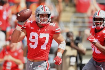 COLUMBUS, OH - SEPTEMBER 1:  Nick Bosa #97 of the Ohio State Buckeyes celebrates after recovering a fumble in the end zone for a touchdown in the second quarter against the Oregon State Beavers at Ohio Stadium on September 1, 2018 in Columbus, Ohio.  (Pho