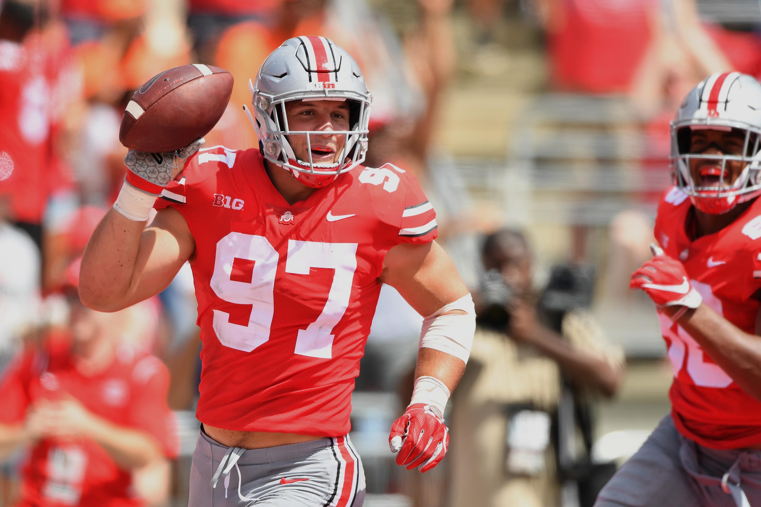 COLUMBUS, OH - SEPTEMBER 1: Nick Bosa #97 of the Ohio State Buckeyes celebrates after recovering a fumble in the end zone for a touchdown in the second quarter against the Oregon State Beavers at Ohio Stadium on September 1, 2018 in Columbus, Ohio. (Pho COLUMBUS, OH - SEPTEMBER 1: Nick Bosa #97 of the Ohio State Buckeyes celebrates after recovering a fumble in the end zone for a touchdown in the second quarter against the Oregon State Beavers at Ohio Stadium on September 1, 2018 in Columbus, Ohio. (Pho